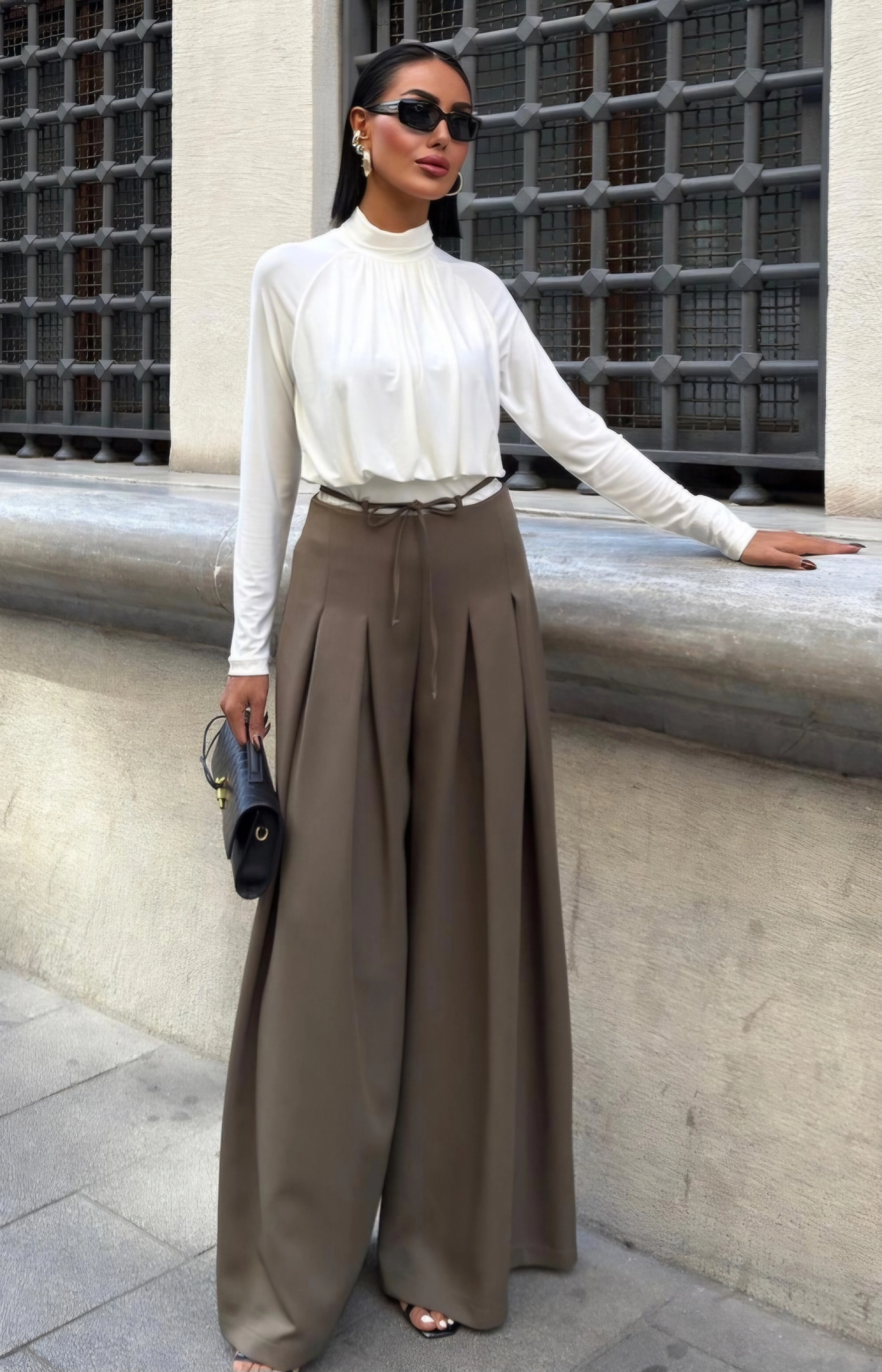 Khaki High Waisted Wide Leg Pleated Trousers for Women, Elegant Tailored Palazzo Pants, Chic Green Office or Casual Wear Pants