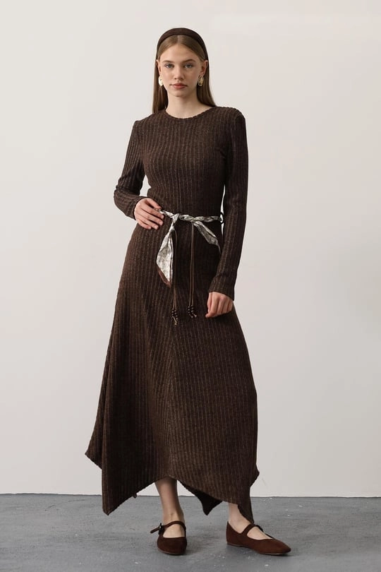 Knit Brown Maxi Dress | Long Sleeve Asymmetrical Dress | Modest Fall Winter Chic