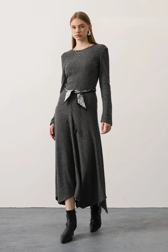 Knit Gray Maxi Dress | Long Sleeve Asymmetrical Dress | Modest Fall Winter Chic