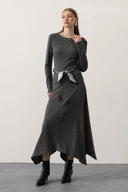 Knit Gray Maxi Dress | Long Sleeve Asymmetrical Dress | Modest