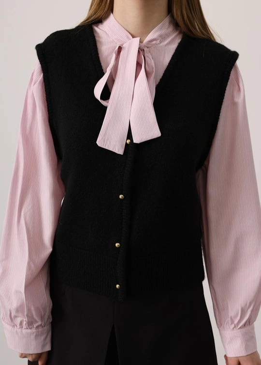 Layered Tie-Neck Shirt, Black V-Neck Sweater Vest Top, Elegant Fall Fashion Women's Clothing