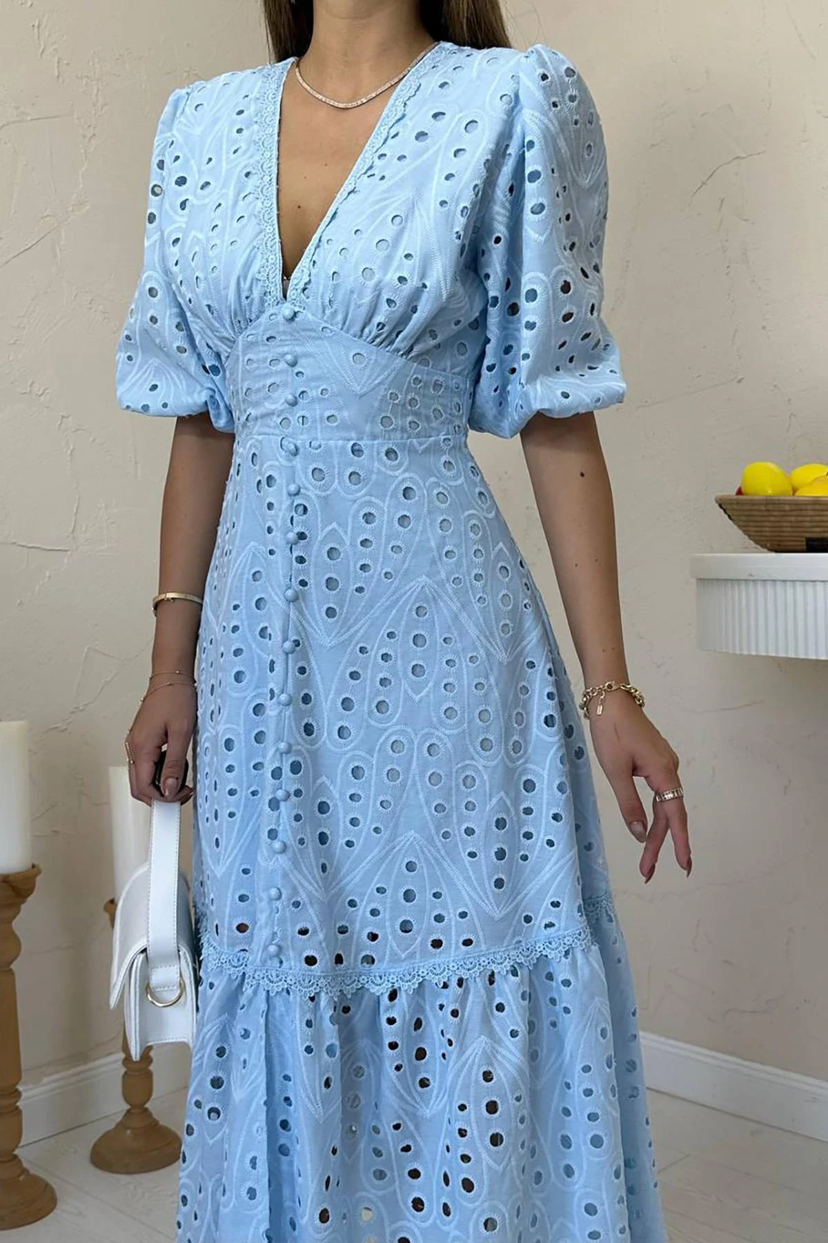 Light Blue Eyelet Puff Sleeve Midi Dress V Neck Summer Boho Cotton Dress Romantic Vintage Style Wedding Guest Dress