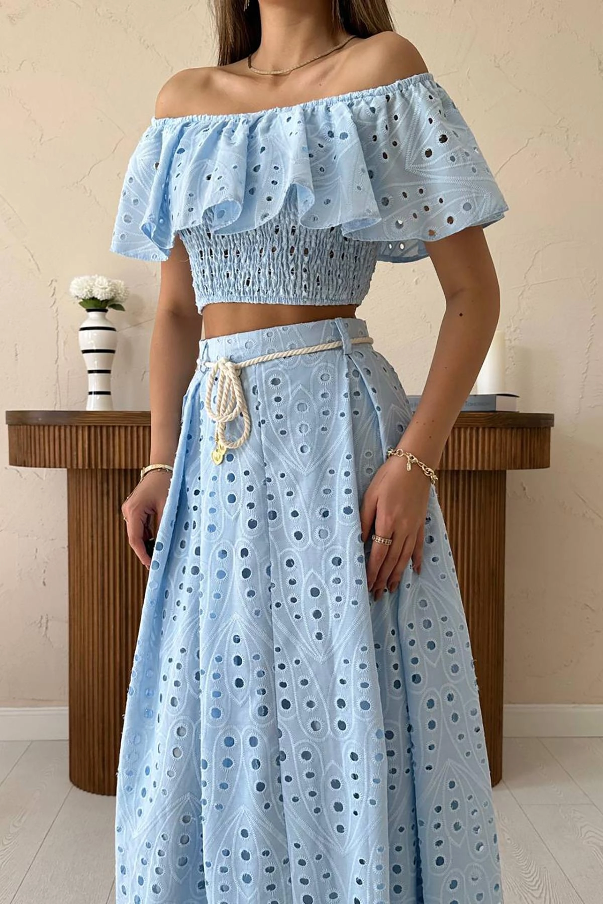 Light Blue Eyelet Two Piece Set - Bohemian Off Shoulder Crop Top & Maxi Skirt - Summer Broderie Anglaise Matching Outfit