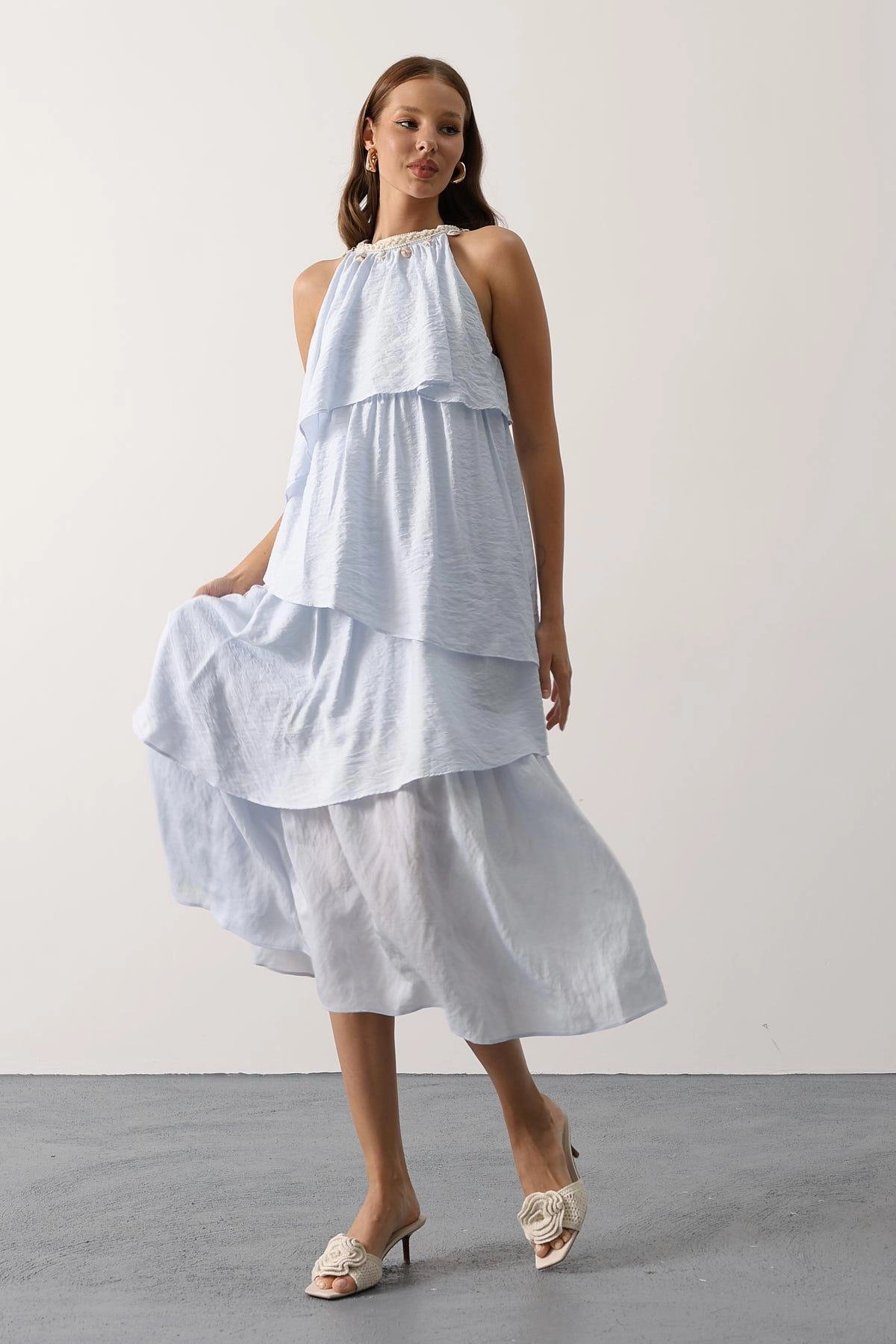 Light Blue Halter Dress Shell Embellished Beach Boho Tiered Summer Dress Vacation Resort Wear