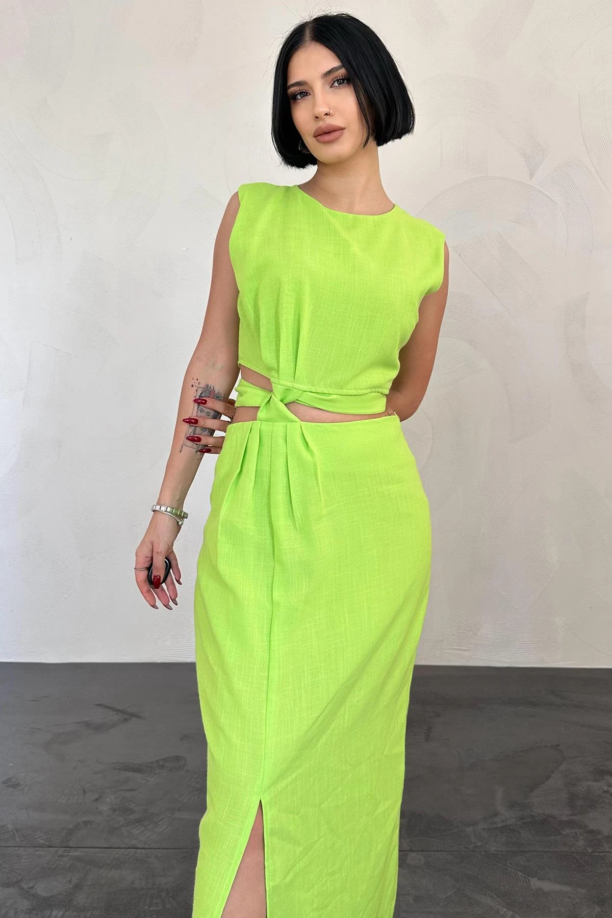 Lime Green Two Piece Set Cutout Waist Crop Top Maxi Skirt Co Ord Set