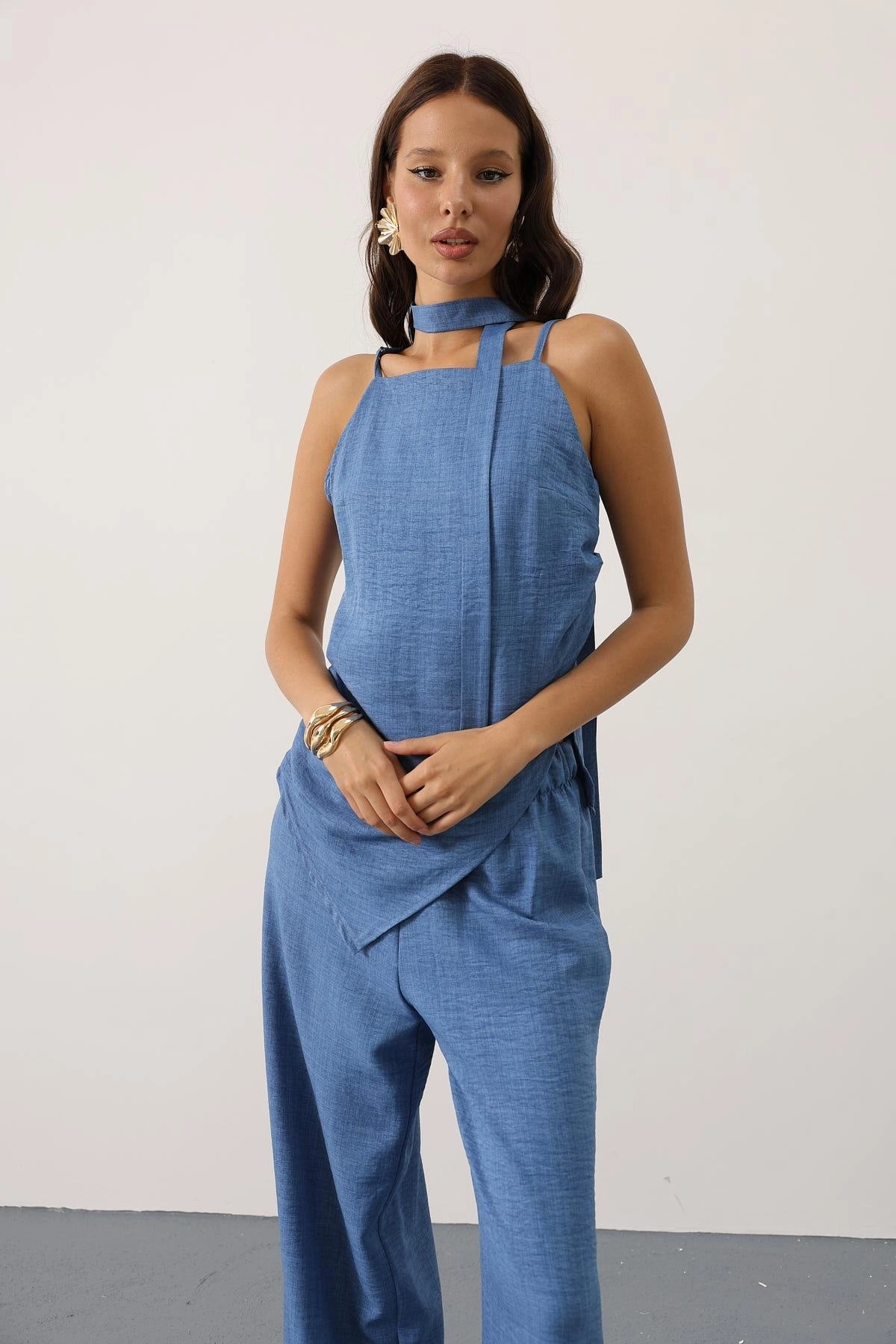 Linen Halter Jumpsuit Women Wide Leg Summer Romper Boho Casual Loose Fit Blue Palazzo Jumper Overall