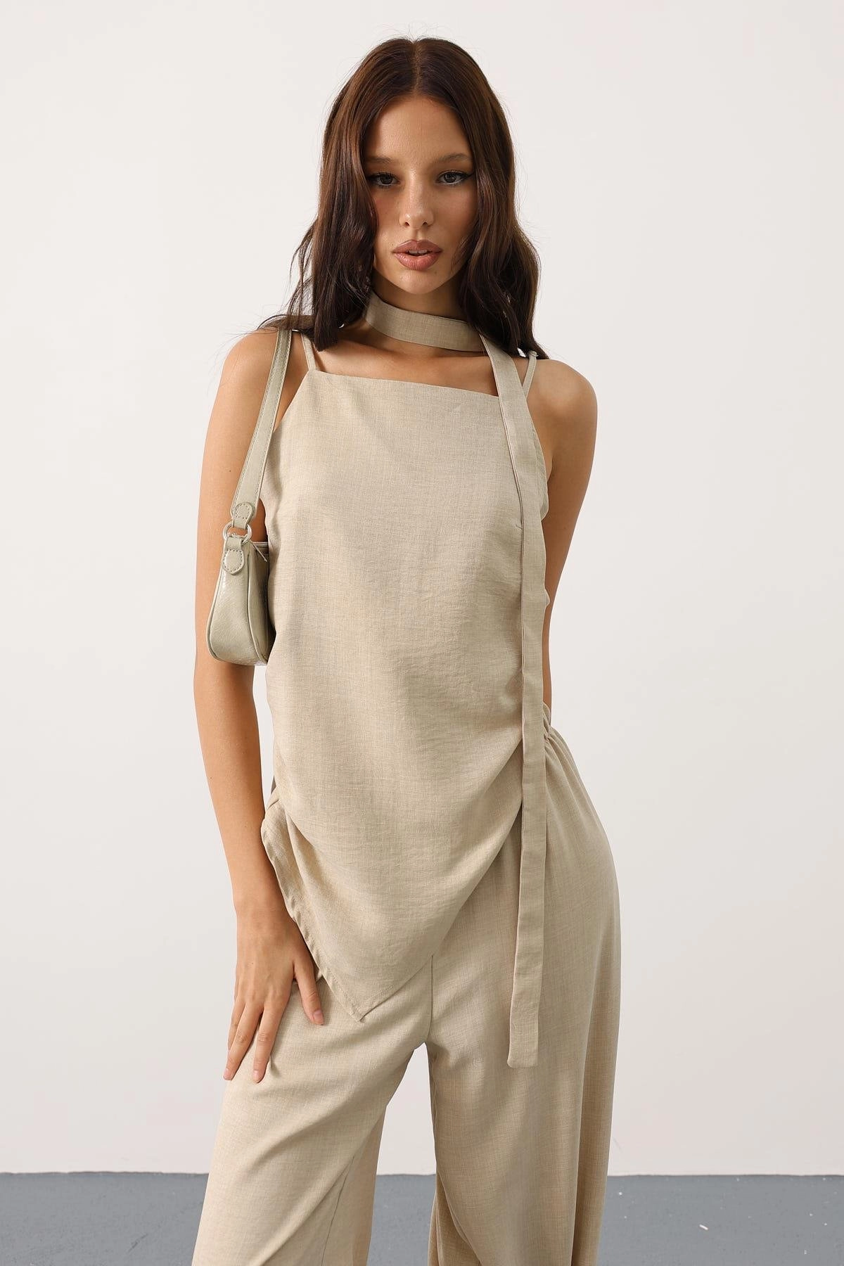 Linen Two Piece Set Women Wide Leg Pants Beige Summer Outfit Sleeveless Top Matching Set Natural Linen Suit Beach Vacation