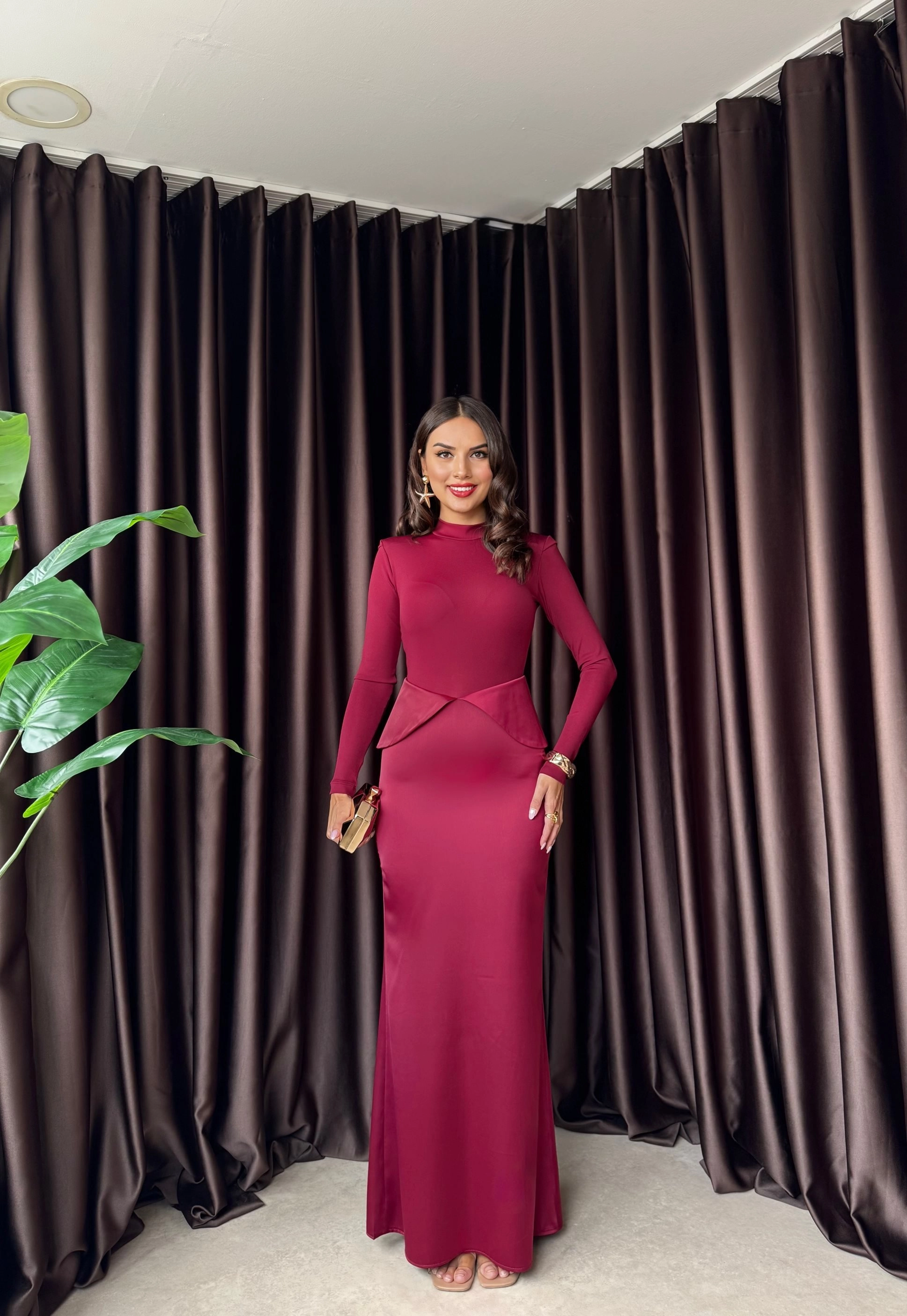 Long Sleeve Burgundy Peplum Gown | Modest Formal Maxi Dress for Wedding Guest, Elegant High Neck Evening Gown