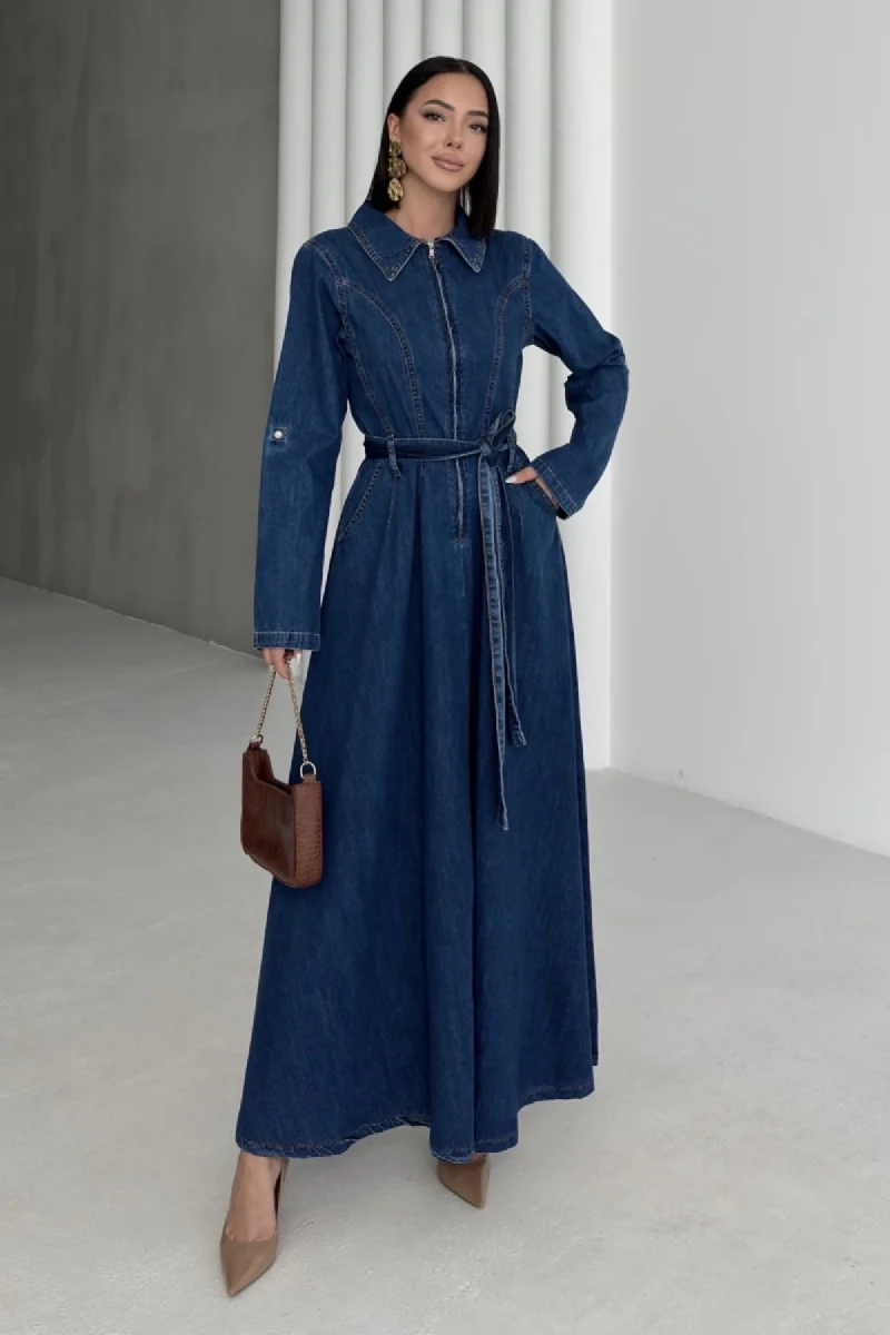 Long Sleeve Denim Maxi Dress Belted Vintage Style Blue Jean Shirt Dress Floor Length Casual