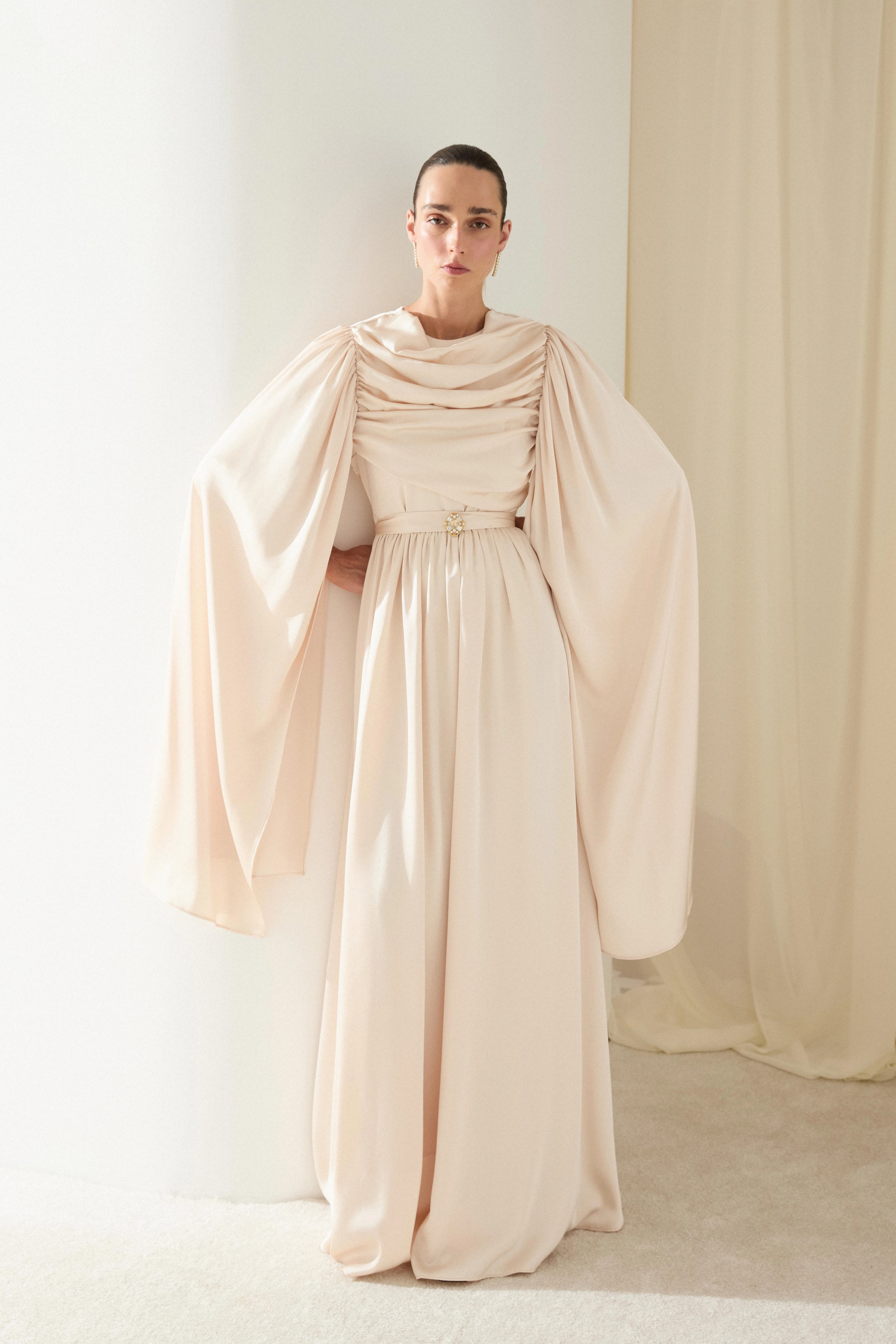 Long Sleeve Evening Dress Draped Satin Gown Cape Formal Wedding Guest Dress Elegant Party Dress Maxi Gown