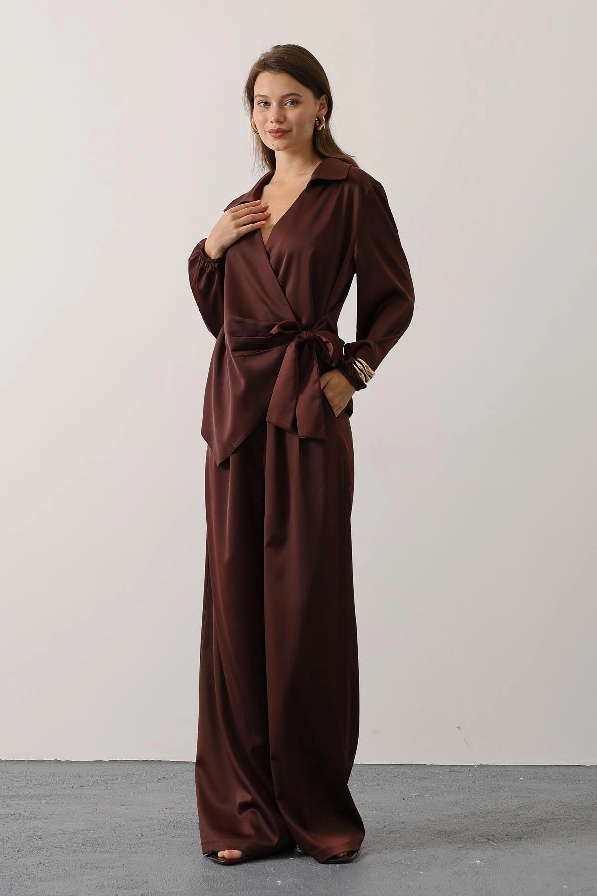 Luxe Two-Piece Co-ord - Chocolate Satin Wrap Top & Wide-Leg Pants Set