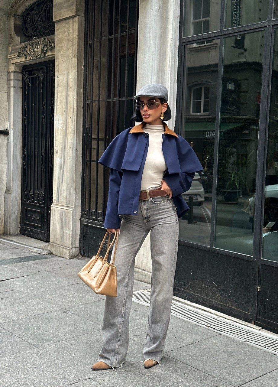 Navy Blue Belted Cape Jacket with Luxe Suede Collar - Wool Blend Women's Fall Coat