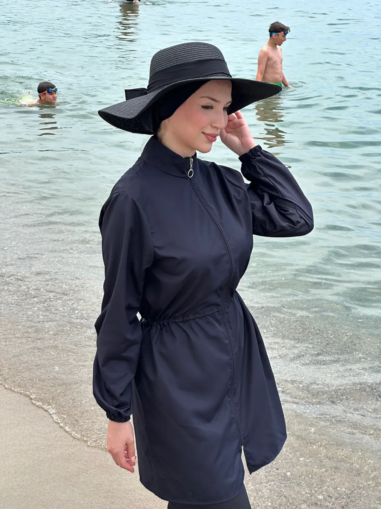 Navy Blue Modest Swimsuit Set Quick Dry Full Coverage Hijab Swimwear for Muslim Women Summer Burkini Adabkini Long Swimsuit