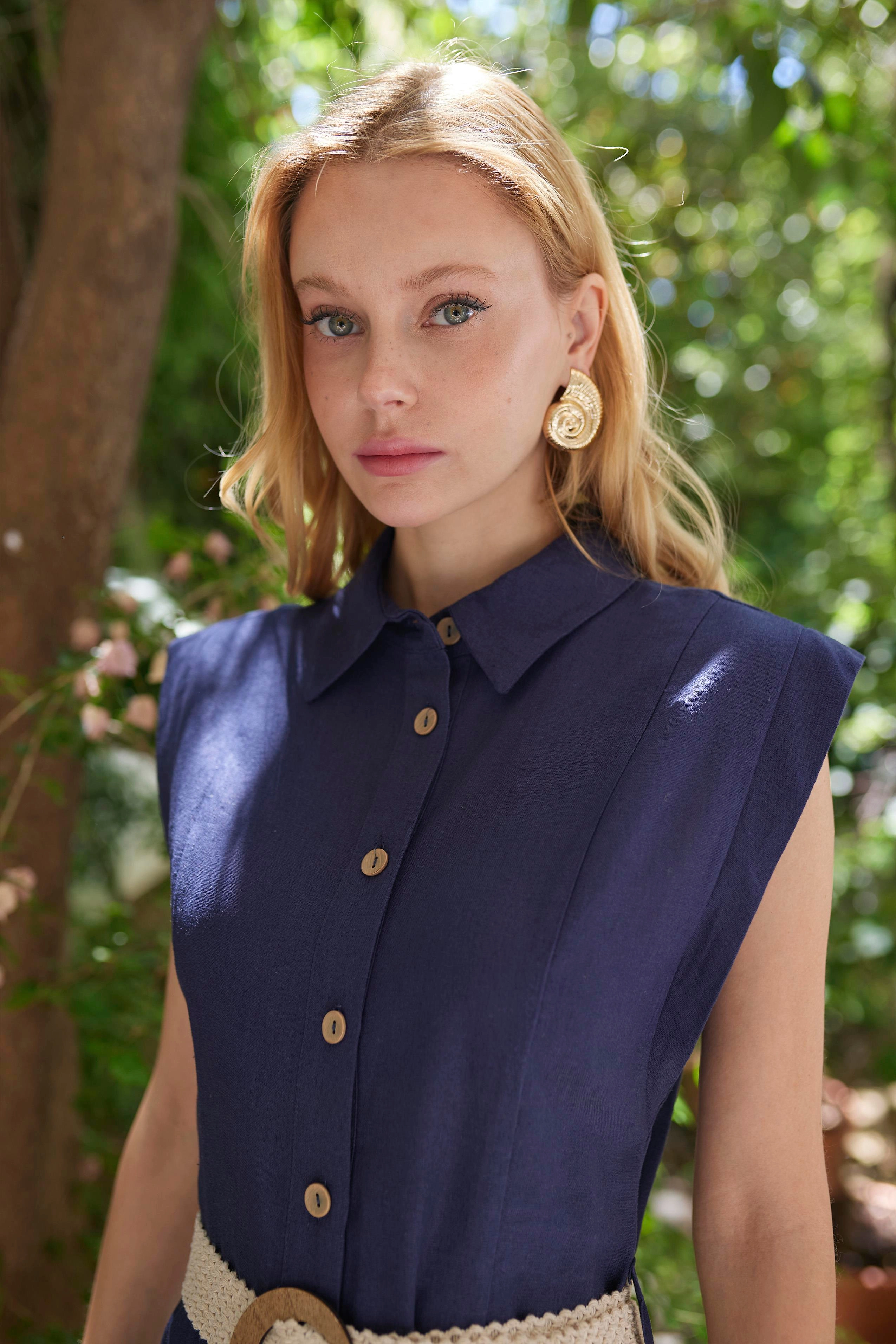 Navy Blue Sleeveless Shirt Dress Button Down Mini Dress Summer Casual Collared Dress Women A Line Dress Belted Office Dress