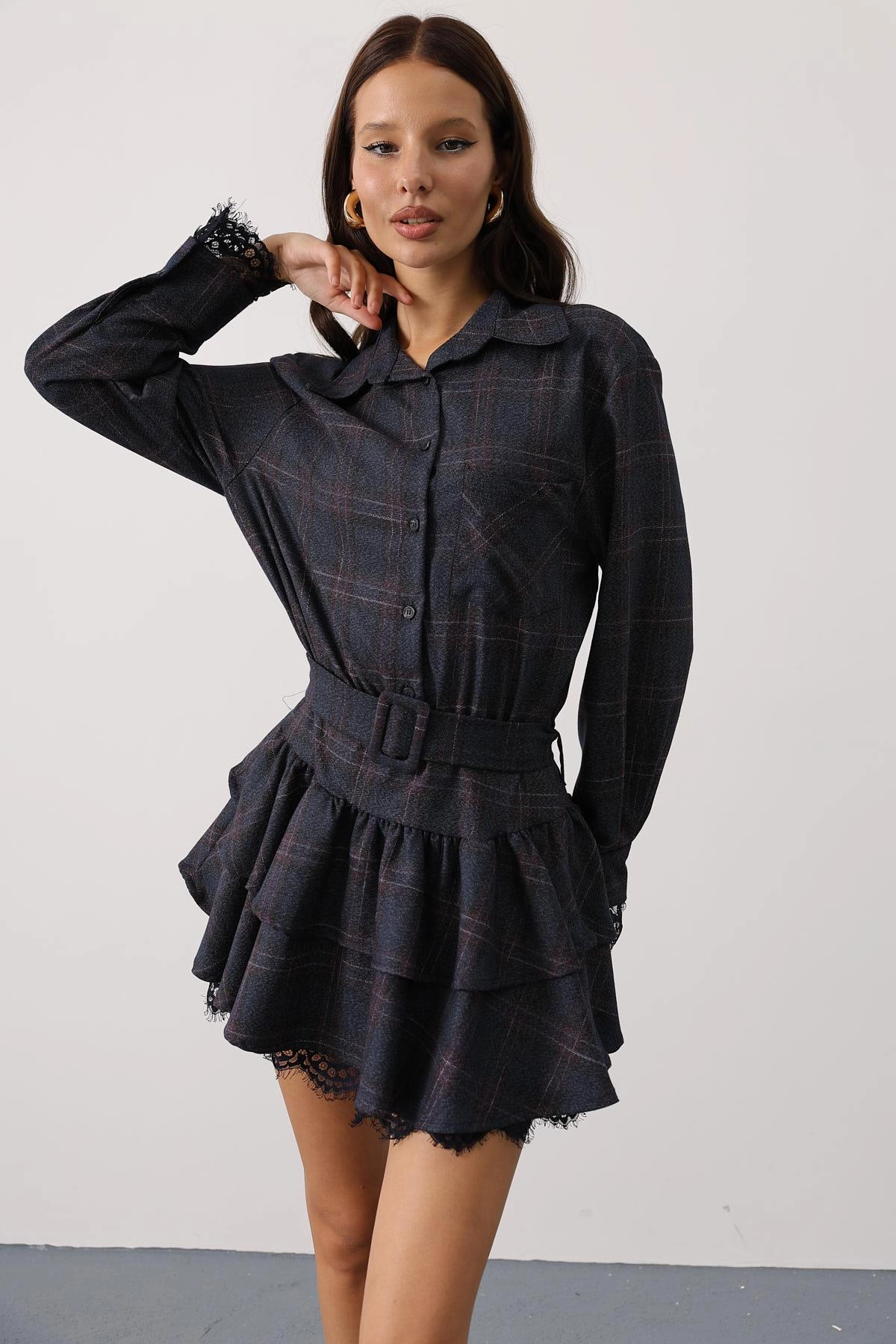 Navy Blue Vintage Plaid Ruffled Mini Dress with Belt and Lace Trim