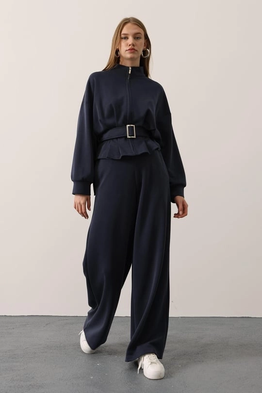 Navy Wide Leg Trousers | Jersey Knit Palazzo Pants | Flowing Drapey Winter Pant