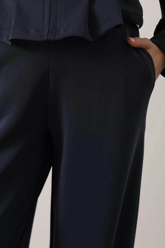 Navy Wide Leg Trousers | Jersey Knit Palazzo Pants | Flowing Drapey Winter Pant