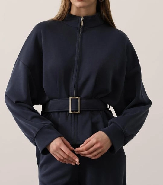 Navy Belted Peplum Jacket | High Neck Long Sleeve Zip-Up Sweatshirt