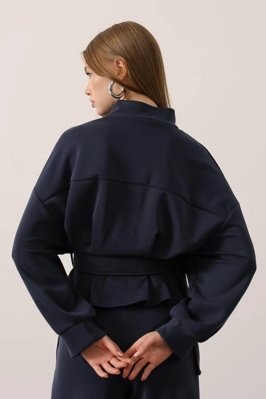 Navy Belted Peplum Jacket | High Neck Long Sleeve Zip-Up