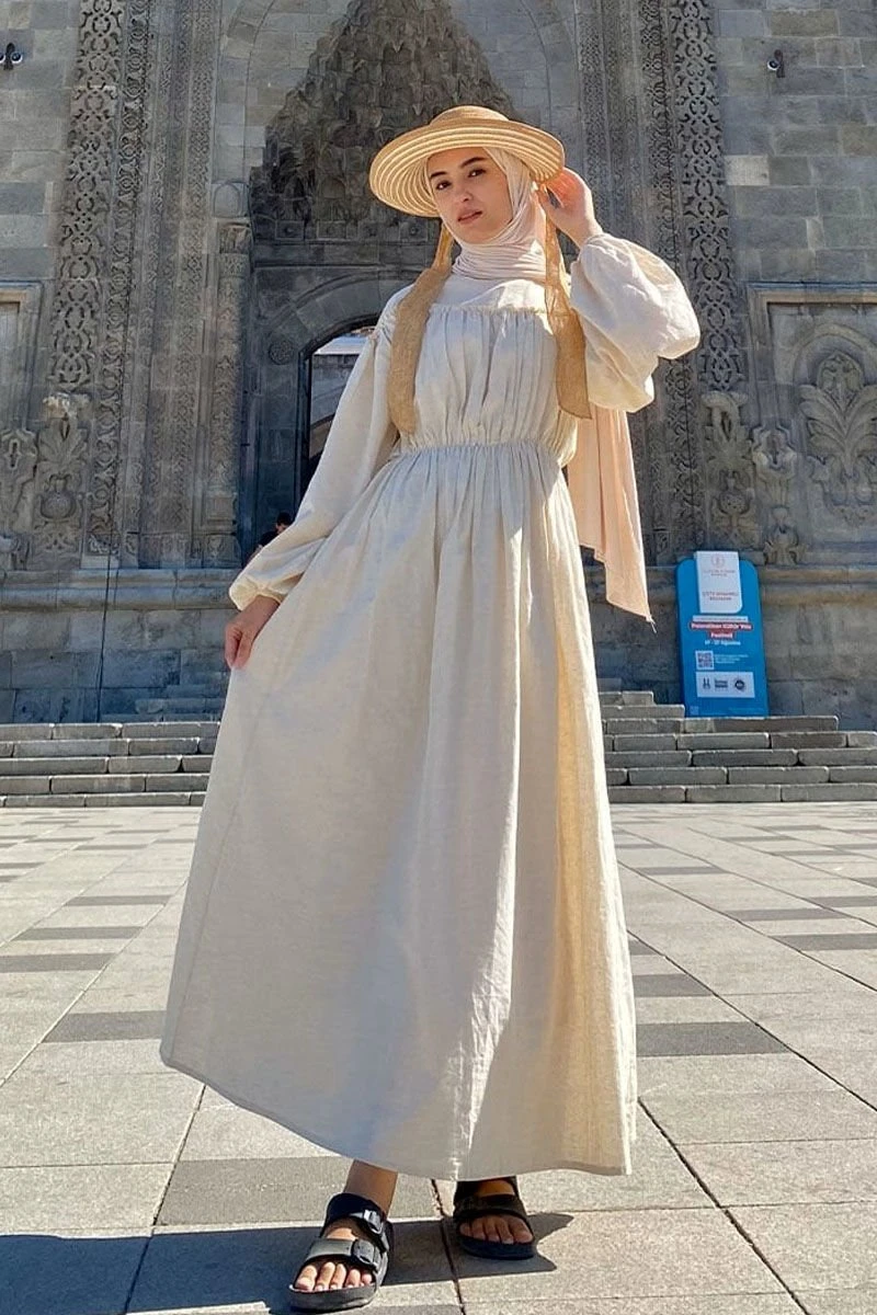 Neutral Beige Balloon Sleeves Hijab Dress 