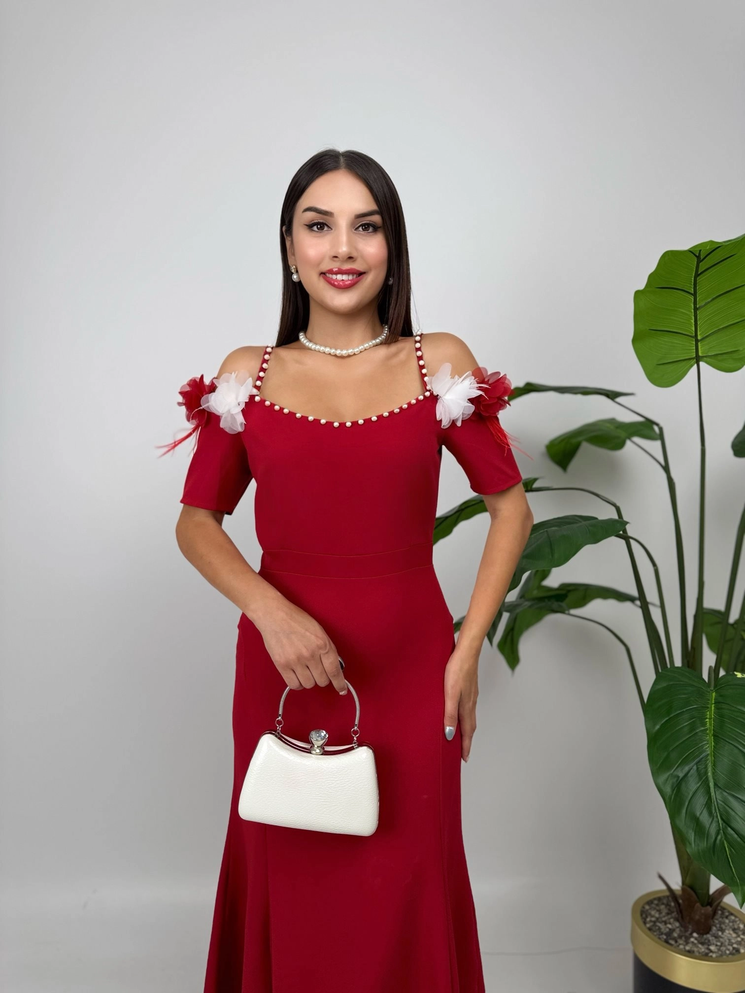 Off Shoulder Red Midi Dress | Pearl Strap Fit and Flare for Wedding Guest | Elegant Bardot Cocktail Party Dress