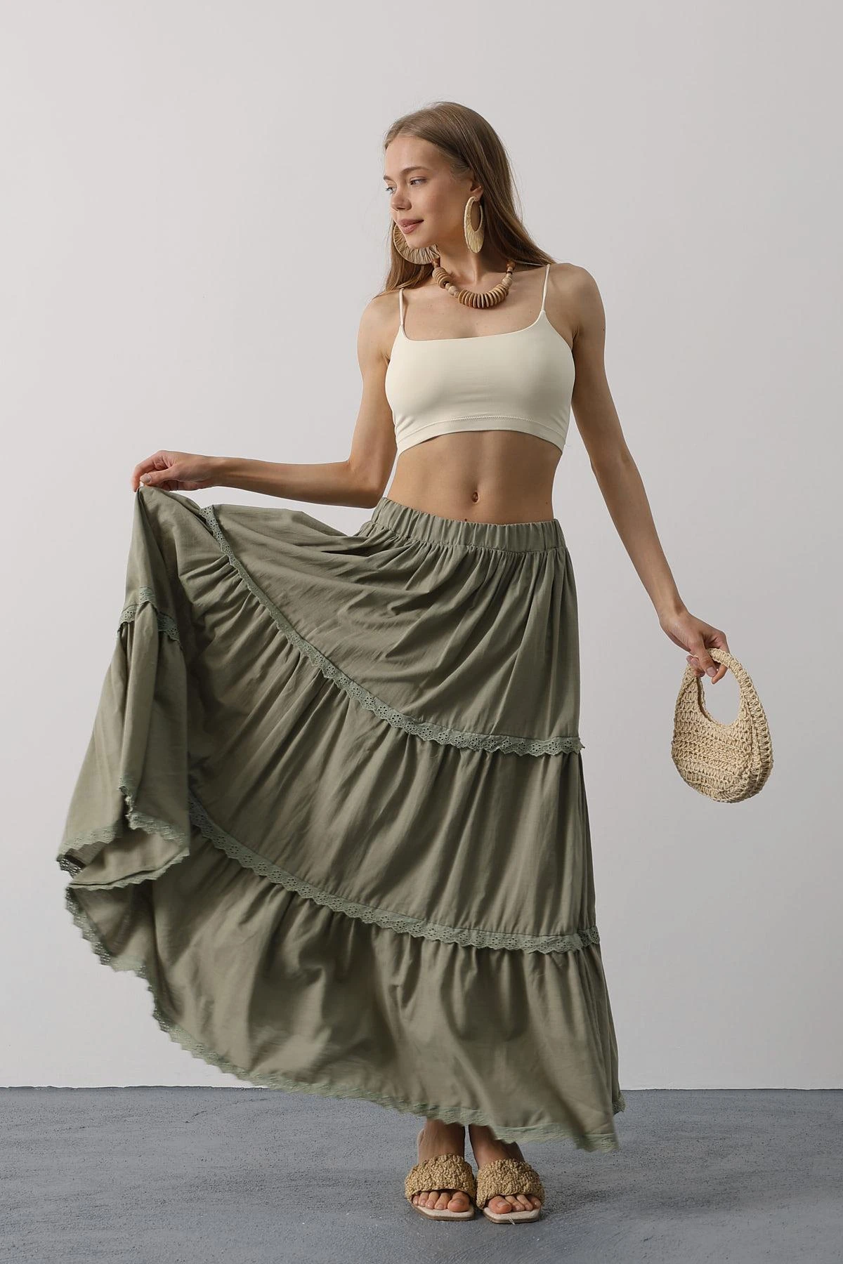 Olive Green Tiered Peasant Maxi Skirt