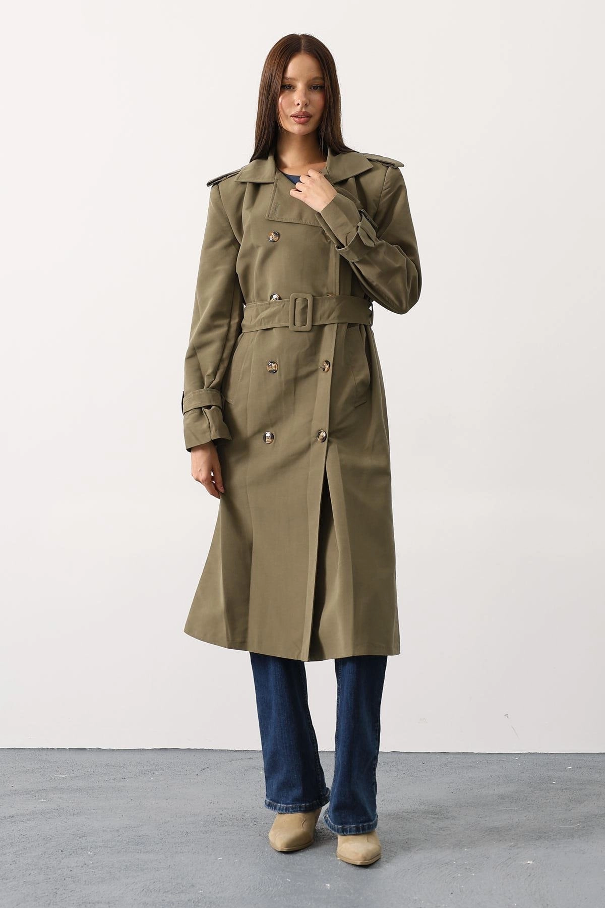 Olive Green Trench Coat Women Long Double Breasted Classic Fall Winter Outerwear Belted Military Style Duster Coat