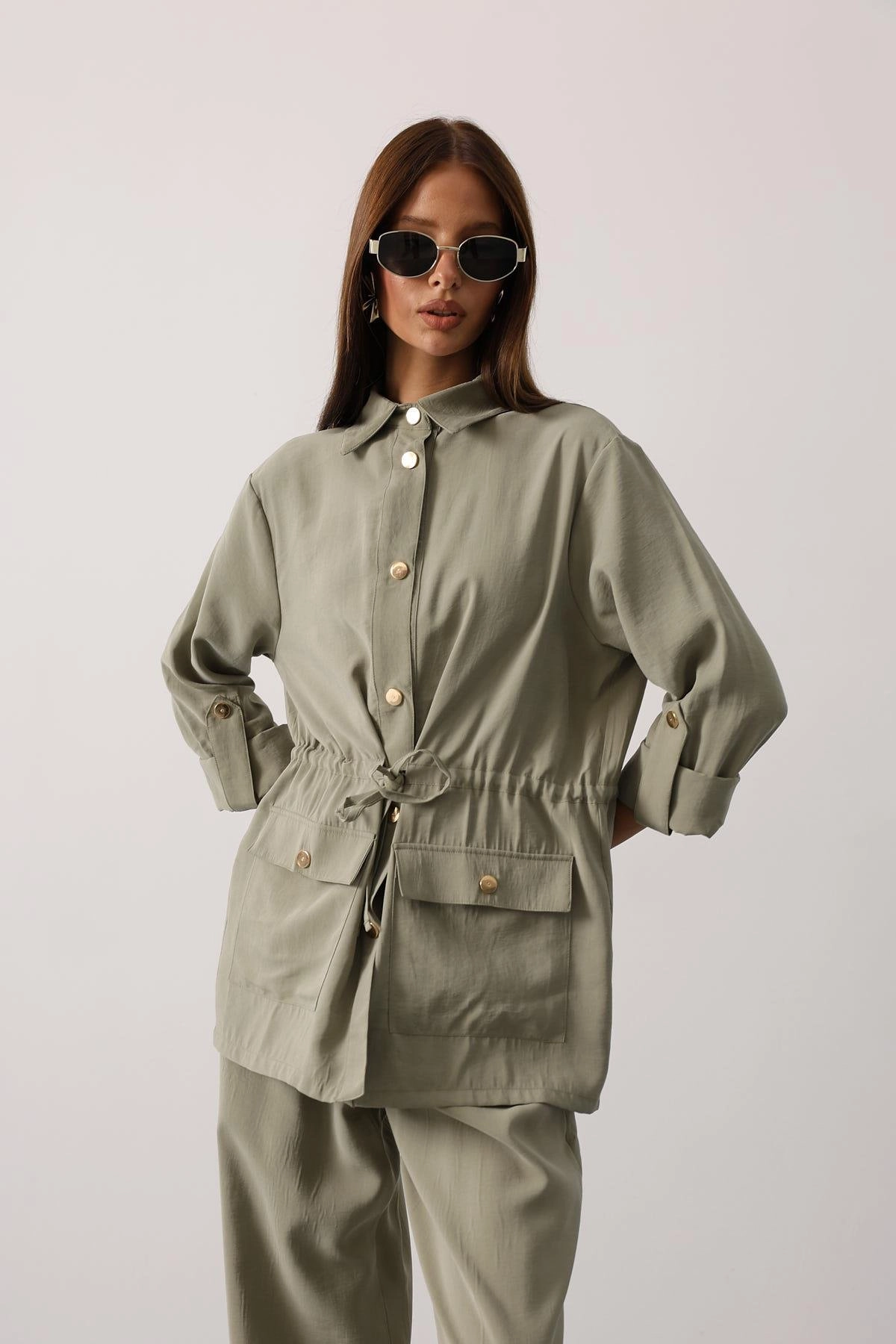 Olive Green Wide Leg Pants & Drawstring Waist Button-Up Shirt Set - Casual Chic Two-Piece Matching Outfit
