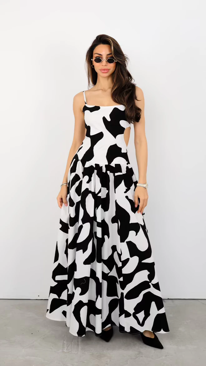 Open Back Black White Abstract Print Maxi Dress