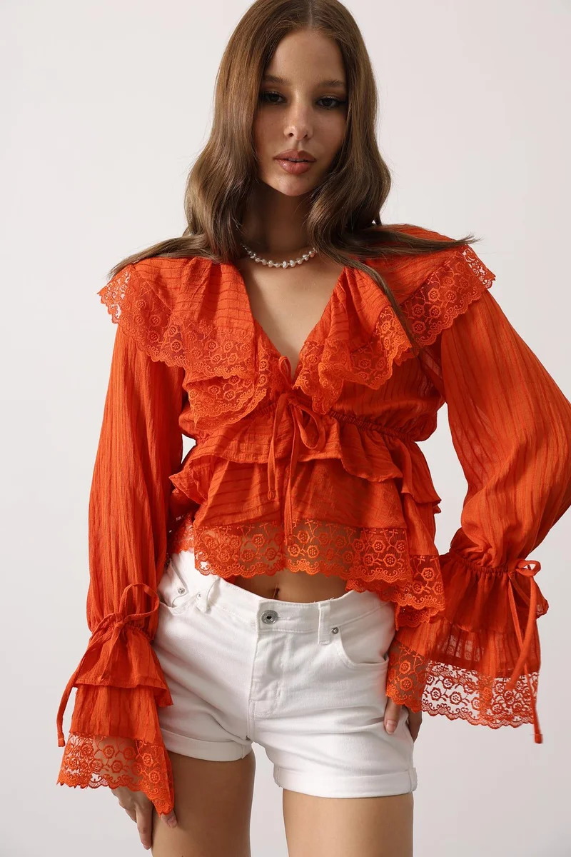 Orange Lace Peasant Blouse Ruffle Sleeves Boho Top Long Sleeve Women Romantic Embroidered Shirt Vintage Style Festival Clothing