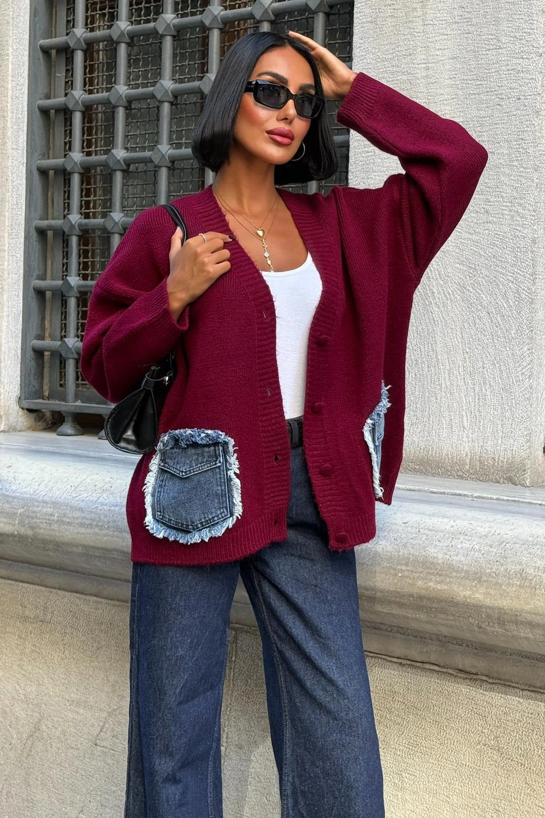 Oversized Burgundy Knit Cardigan with Denim Patch Pockets — Button-Front V-Neck Slouchy Sweater