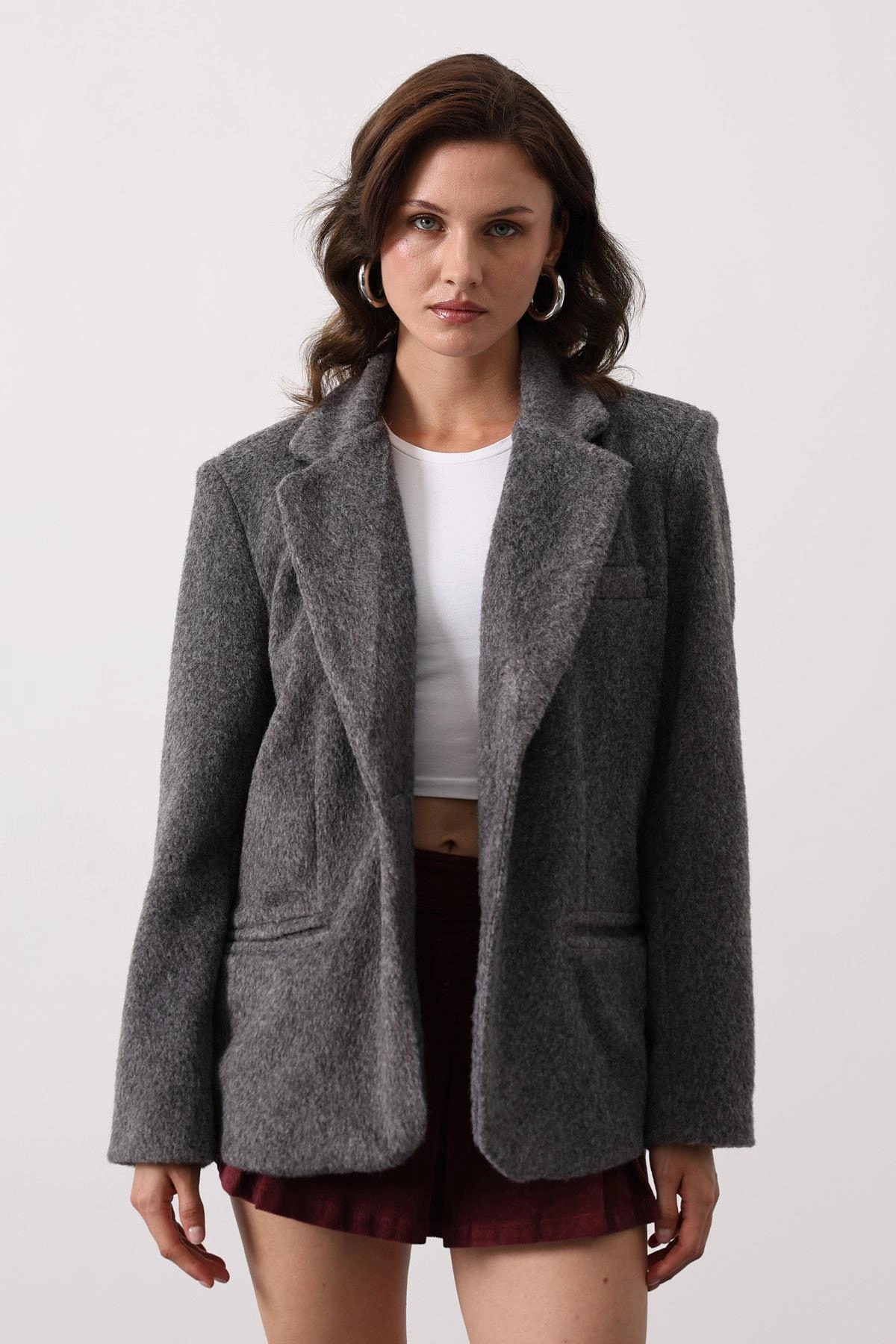 Oversized Grey Wool Blazer, Charcoal Boyfriend Jacket for Women, Dark Academia Coat, 90s Minimalist Style, Longline Felted Wool Jacket