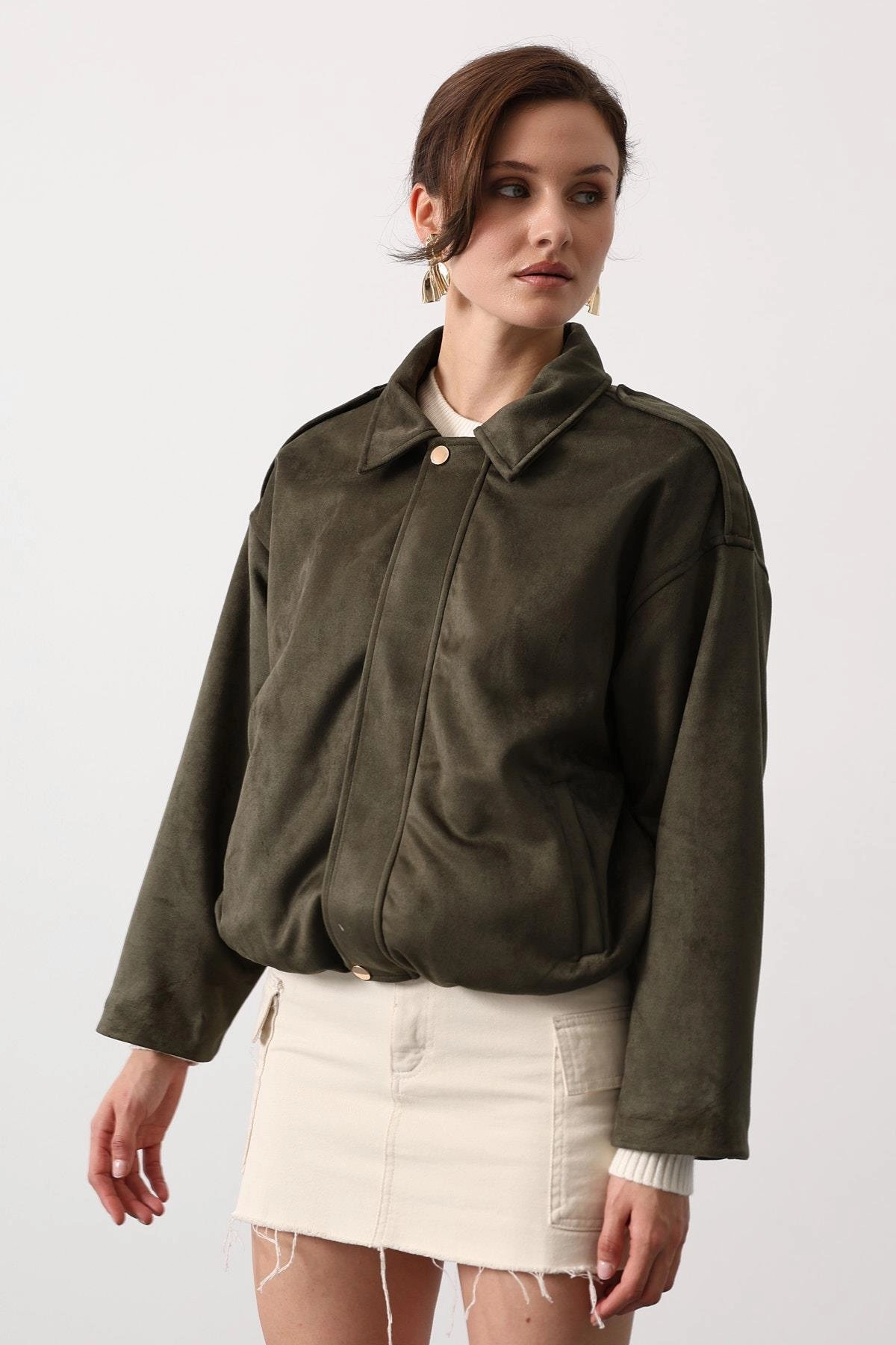 Oversized Olive Suede Bomber Jacket | Women's Military Style Utility Coat | Khaki Green Collared Shacket | 90s Y2K Casual Fall Outerwear