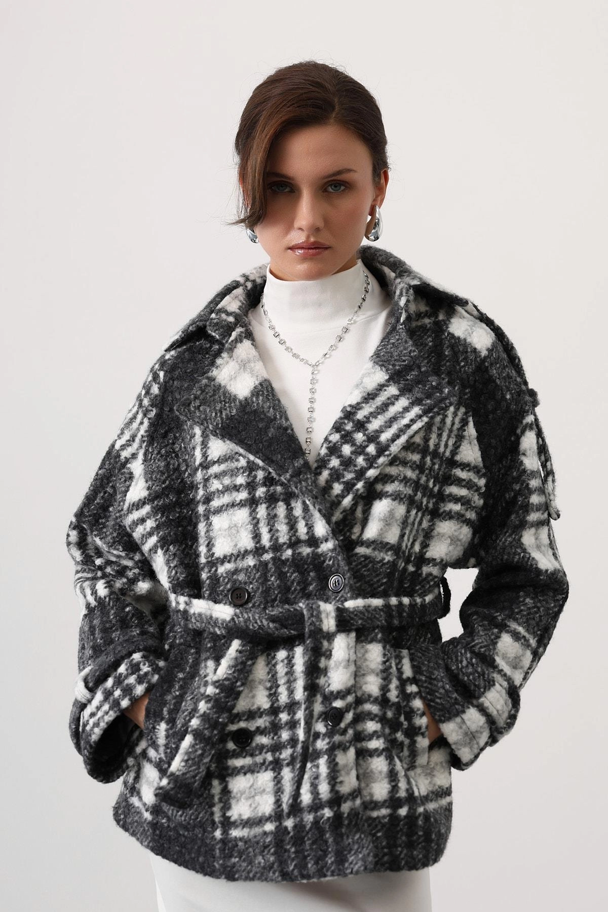 Oversized Plaid Shacket | Belted Boucle Wool Blend Coat | Chic Black and White Winter Jacket | Dark Academia Outerwear | Gift for Her