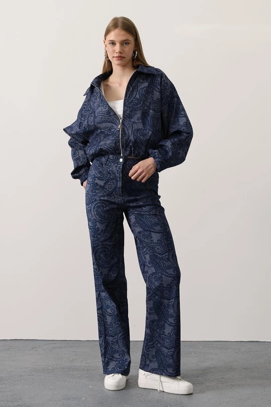 Paisley Two Piece Set | Navy Blue Two Piece Set | Bomber Jacket and High Waisted Wide Leg Trousers 