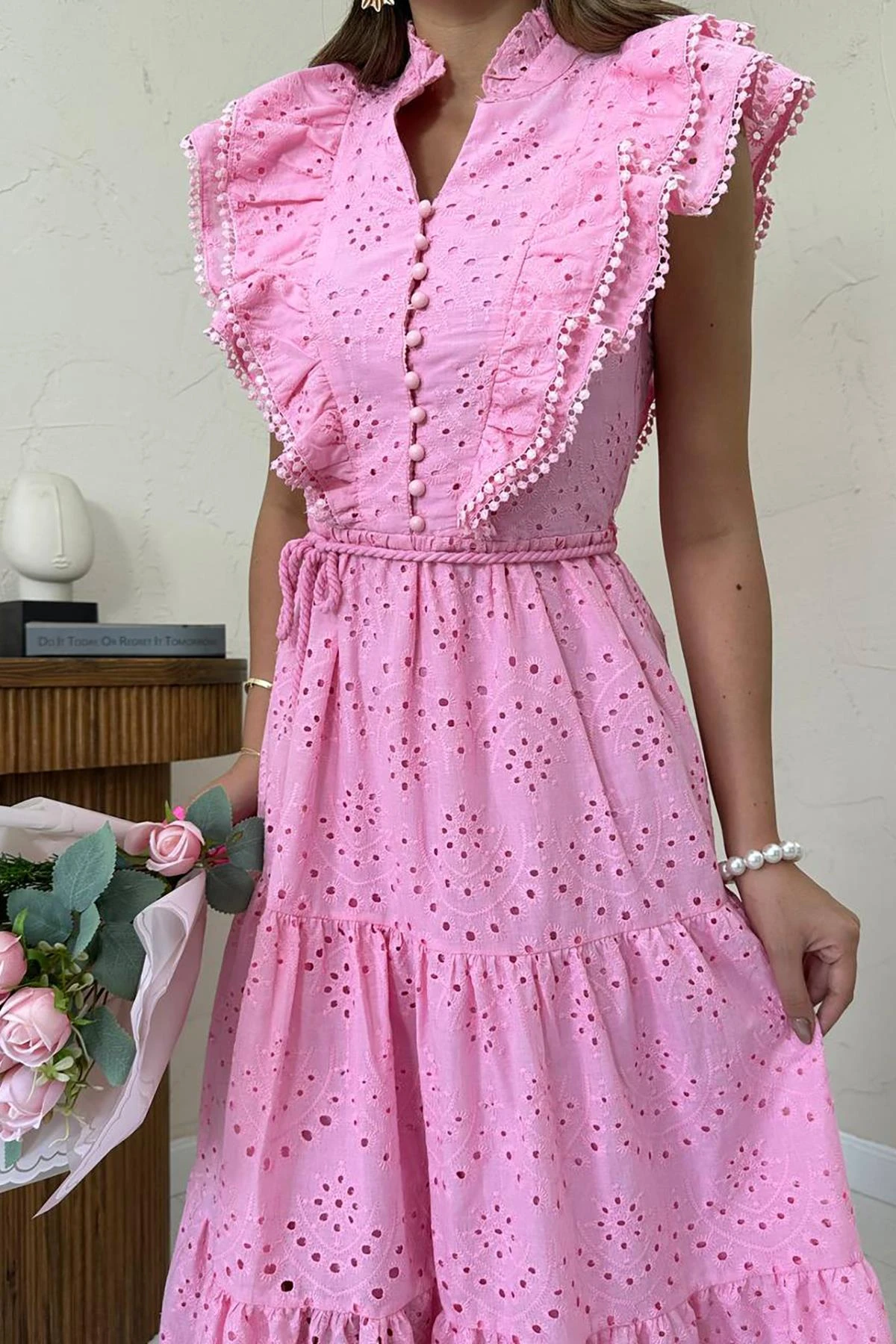 Pink Eyelet Midi Dress Tiered Ruffle Summer Boho Cotton Embroidered Sleeveless Custom Fit Women Holiday Casual Feminine Dress