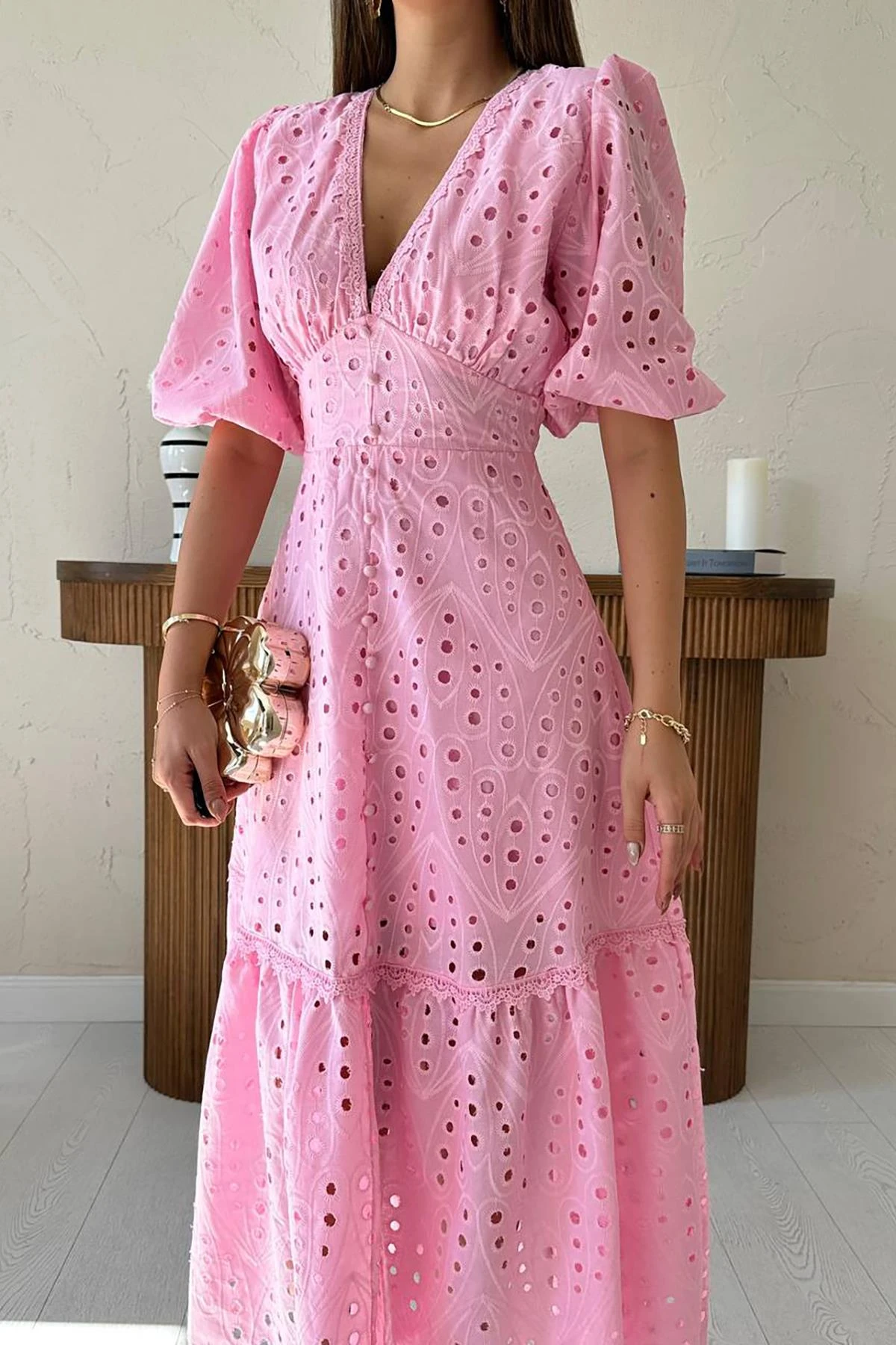 Pink Eyelet Midi Dress V-Neck Cotton Summer Dress Puff Sleeves Tiered Boho Dress Embroidered Feminine Party Dress