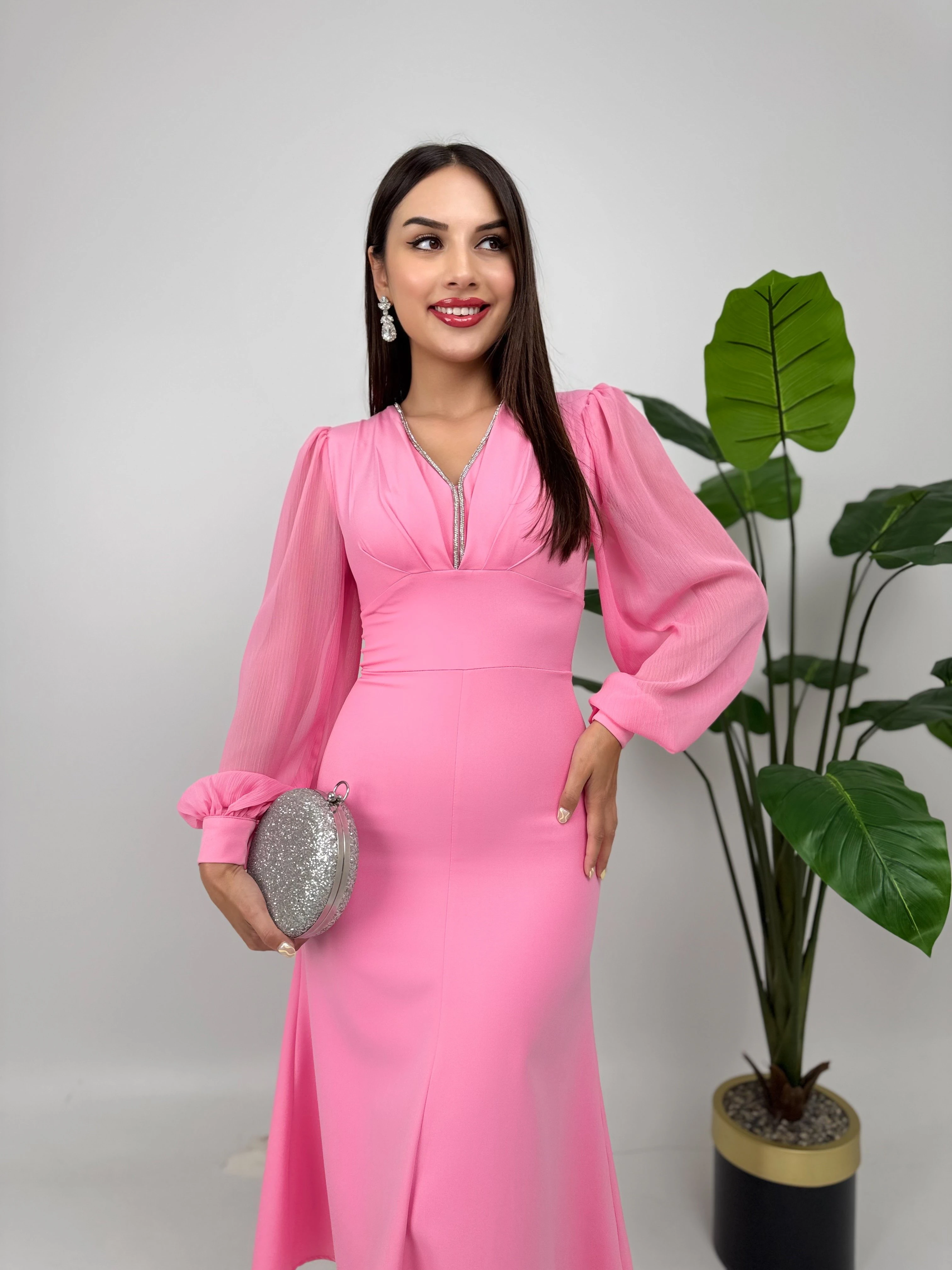 Pink Midi Dress Long Sleeve Formal Wedding Guest Dress Elegant Balloon Sleeve Cocktail Dress Prom Dress Party Outfit