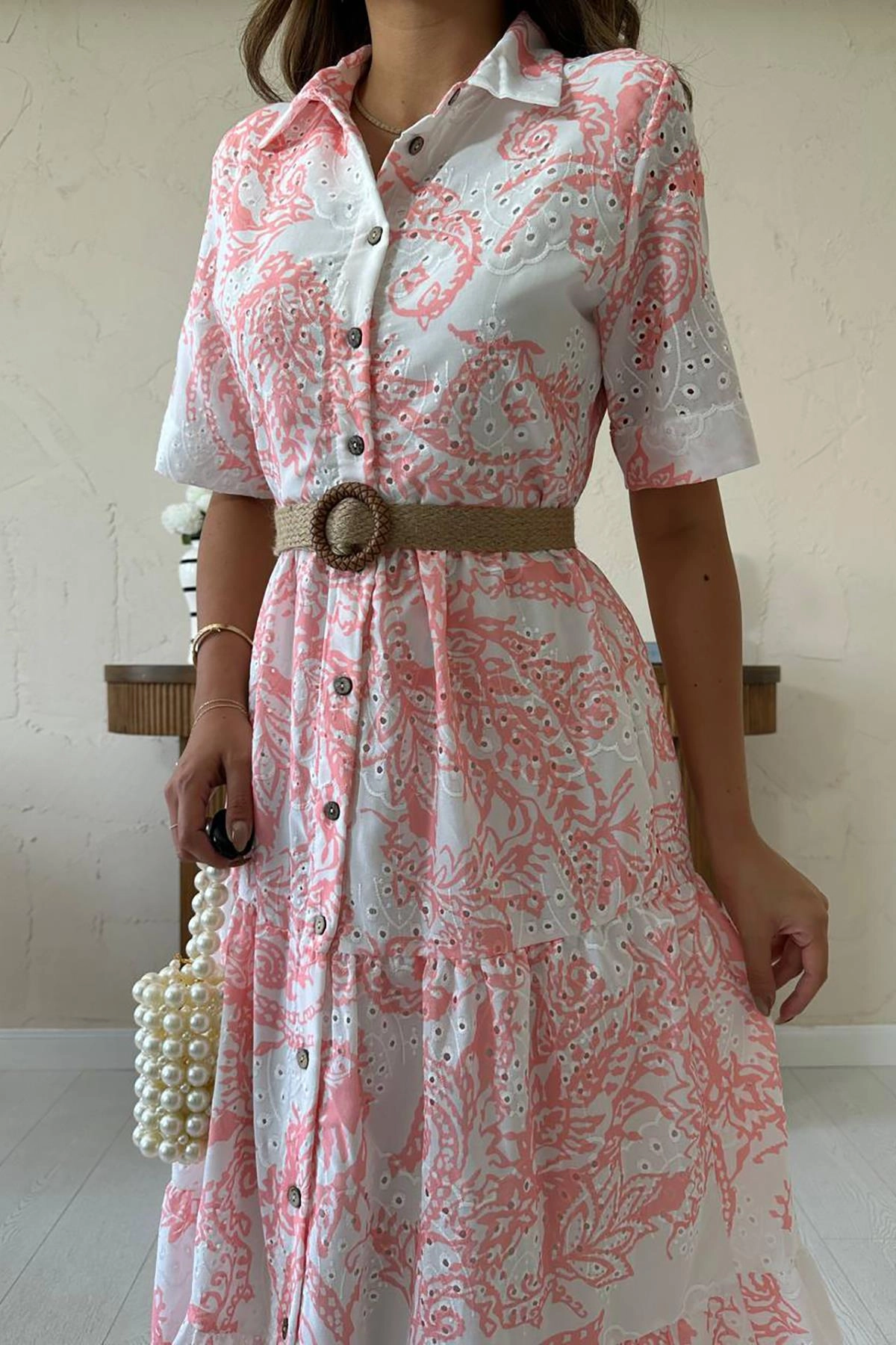 Pink Paisley Midi Dress Boho Shirt Dress Tiered Summer Dress with Belt Button Front Bohemian Women Casual Day Dress