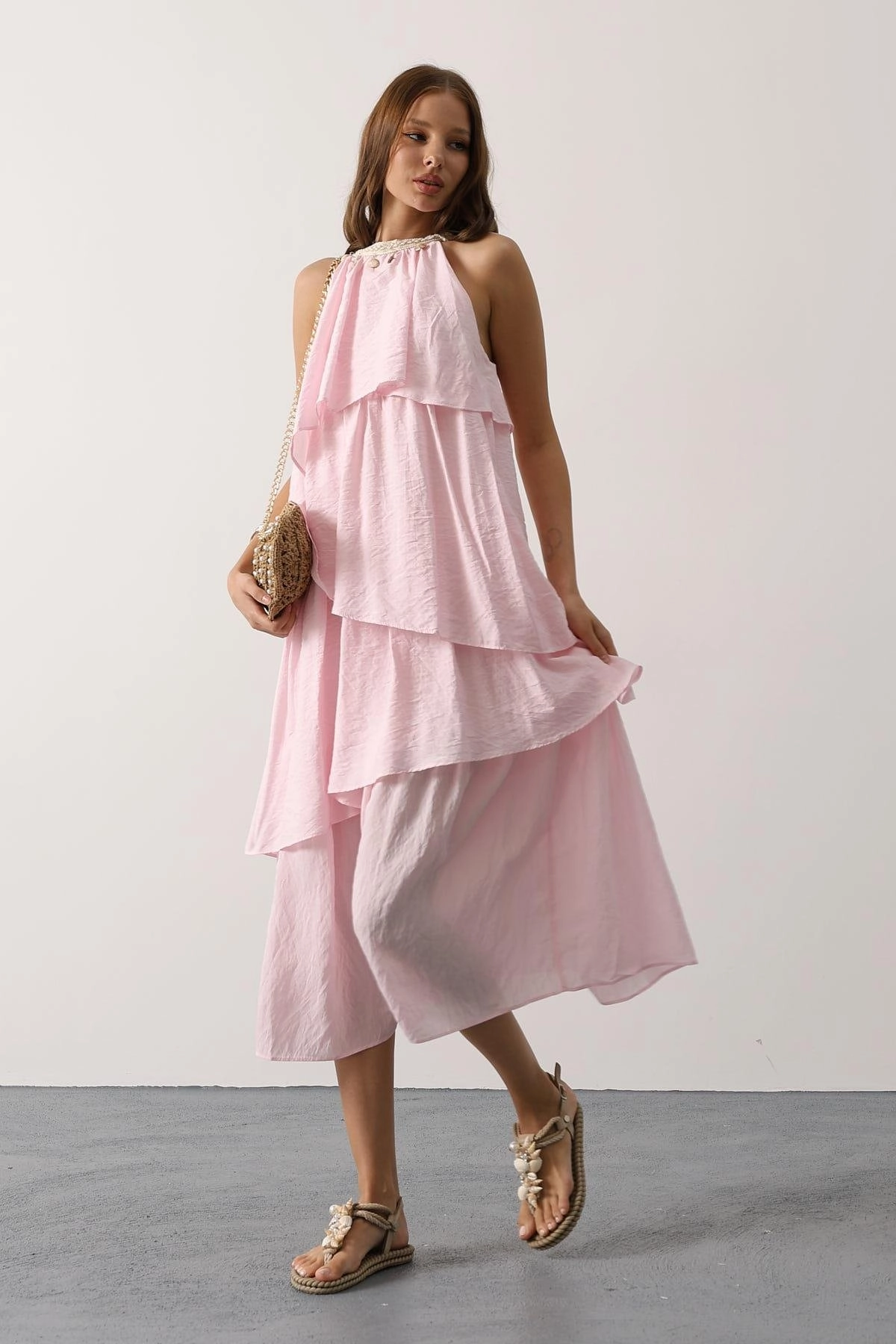 Pink Tiered Halter Dress Seashell Lace Summer Maxi Boho Beach Wedding Guest Dress Custom Fit Bohemian Ruffle Midi Women Vacation