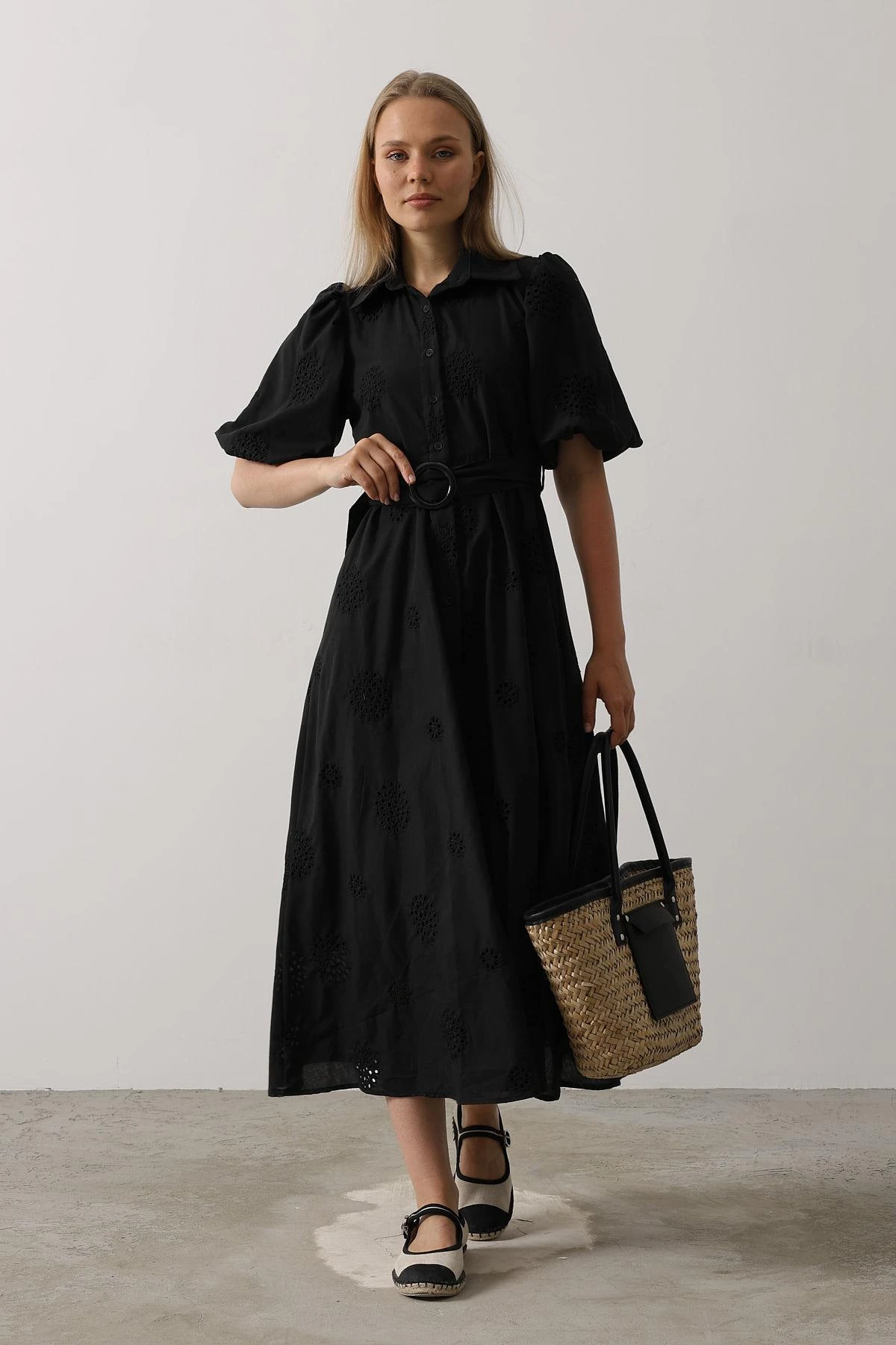 Puff Sleeves Broderie Anglaise Cotton Button Down Dress