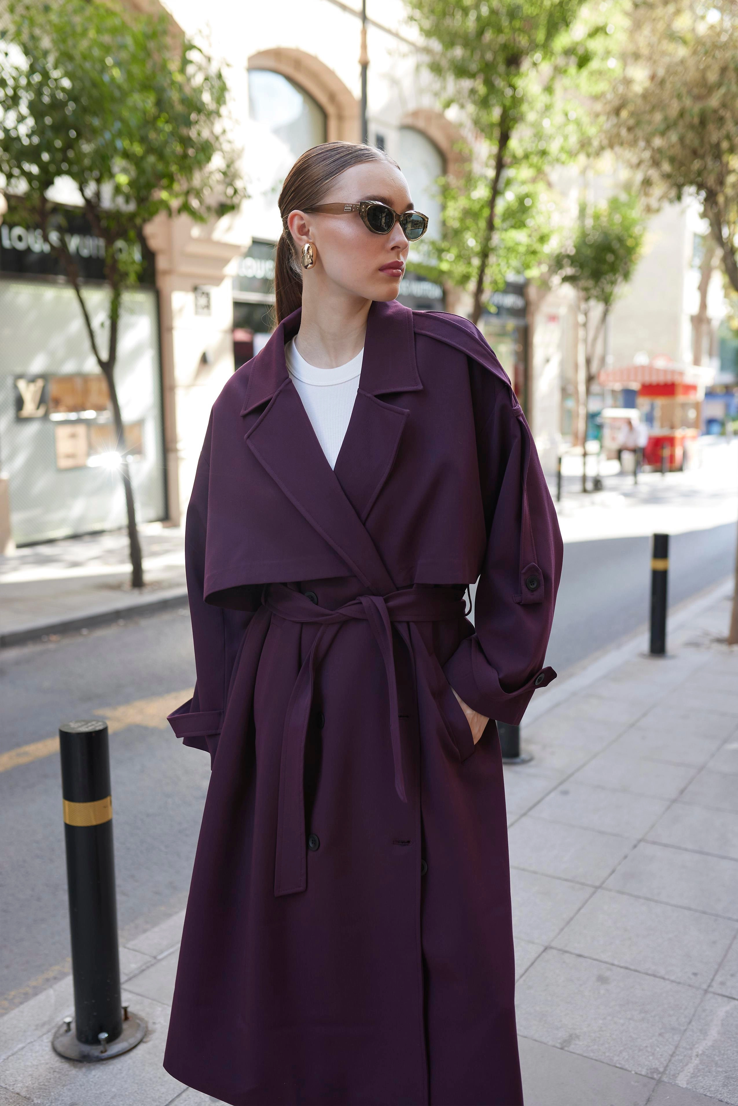 Purple Long Trench Coat Women Oversized Double Breasted Fall Winter Jacket Custom Vintage Style Outerwear