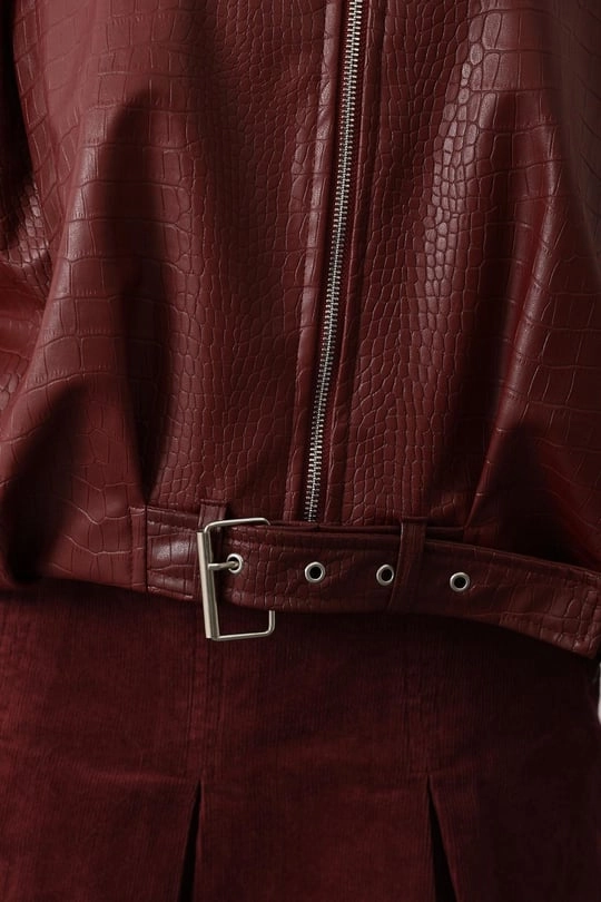 Red Croc Embossed Faux Leather Jacket with Belt – Oversized Women’s Outerwear, Trendy Fall Winter Street Style Coat