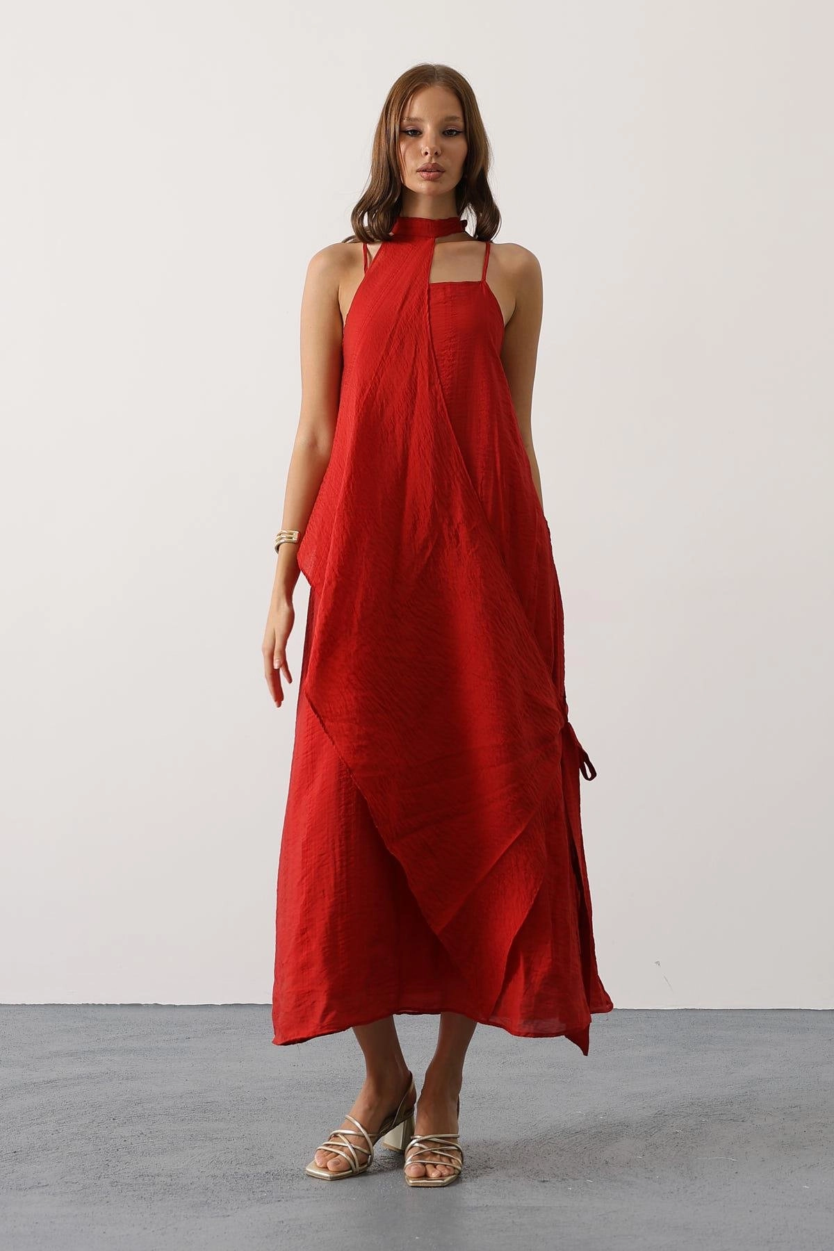 Red Linen Halter Dress Maxi Summer Boho Beach Wrap Sleeveless Open Back Midi Loose Fit Casual Resort Dress
