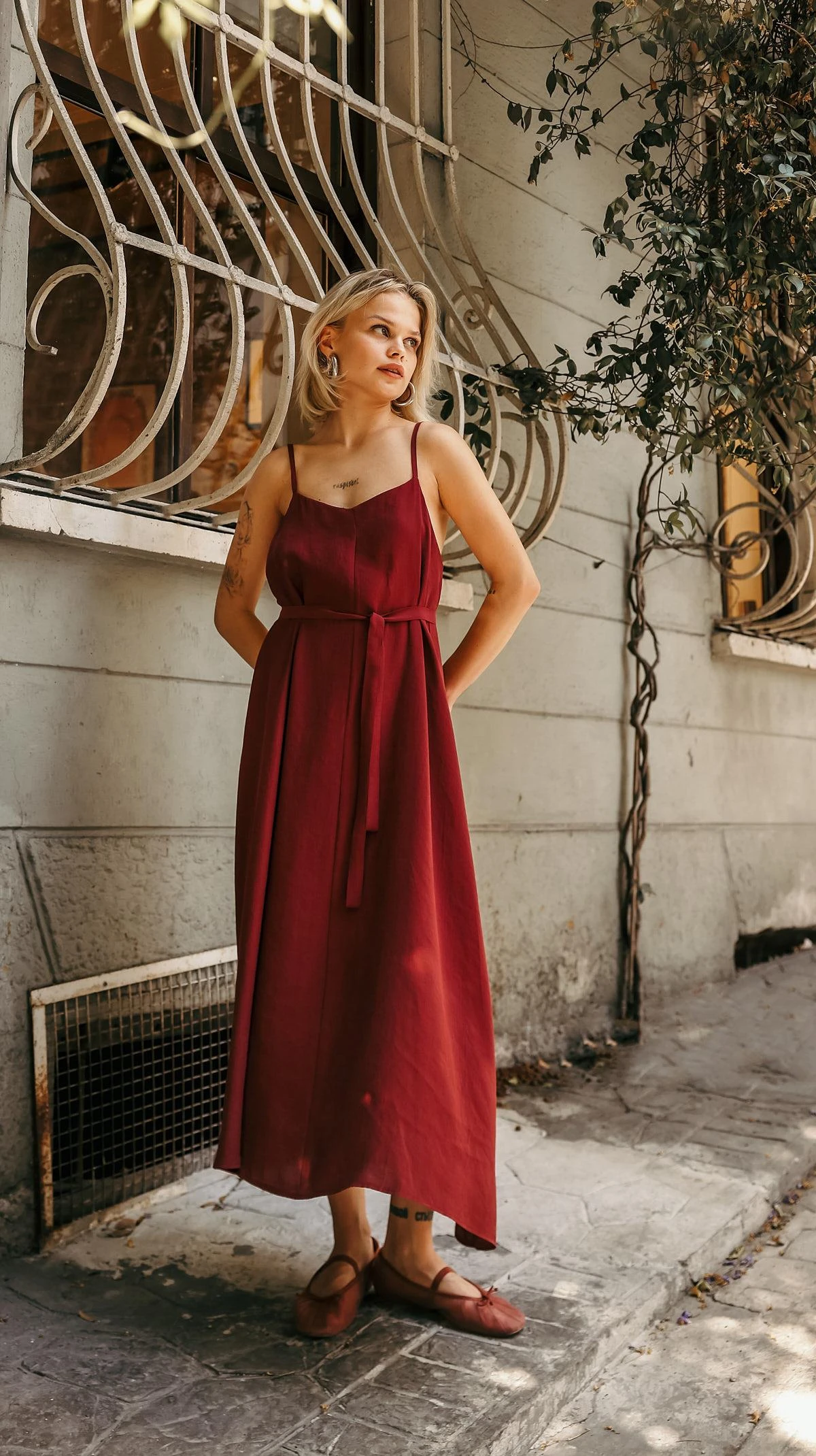 Red Midi Dress Spaghetti Strap Wrap Style Summer Dress Bohemian Sleeveless Sundress