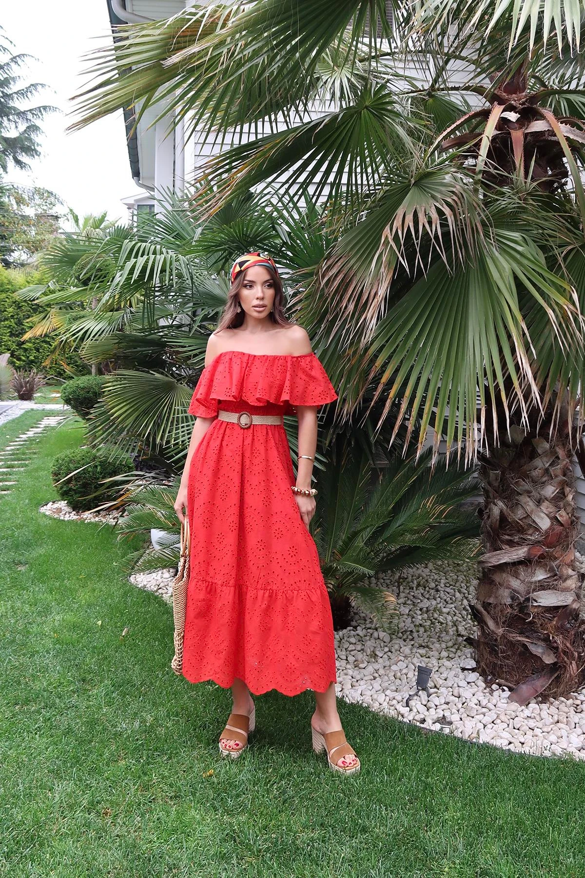 Red Off Shoulder Broderie Anglaise Dress Boho Tiered Midi Cottagecore Summer Vacation Dress