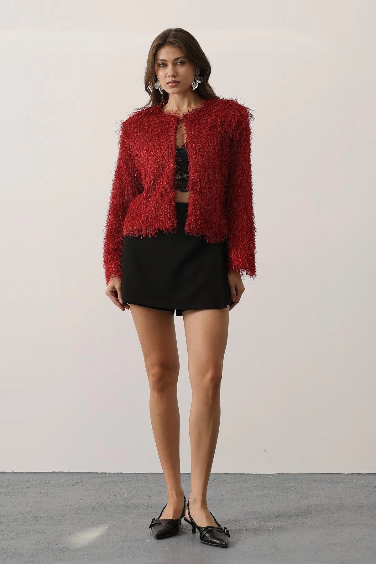 Red Shaggy Tinsel Jacket, Cropped Fringe Coat, 70s Glam Festival Party Bolero