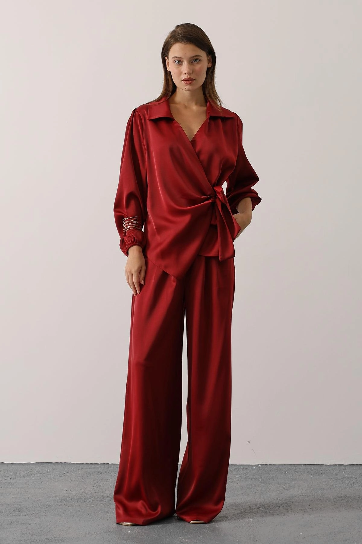 Red Two Piece Set - Wrap Blouse Wide Leg Pants - Luxury Coordinated Outfit for Women - Elegant Business Casual Set