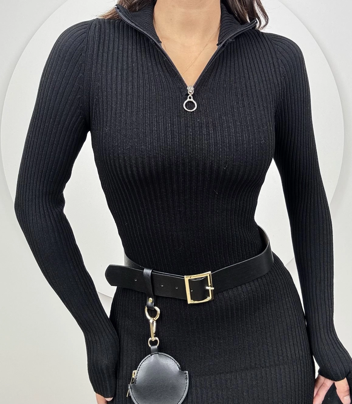 Ribbed Knit Bell Sleeve Dress, Black Zip Neck Midi, Minimalist Bodycon Sweater Dress for Women, Long Sleeve Fitted Fall Dress