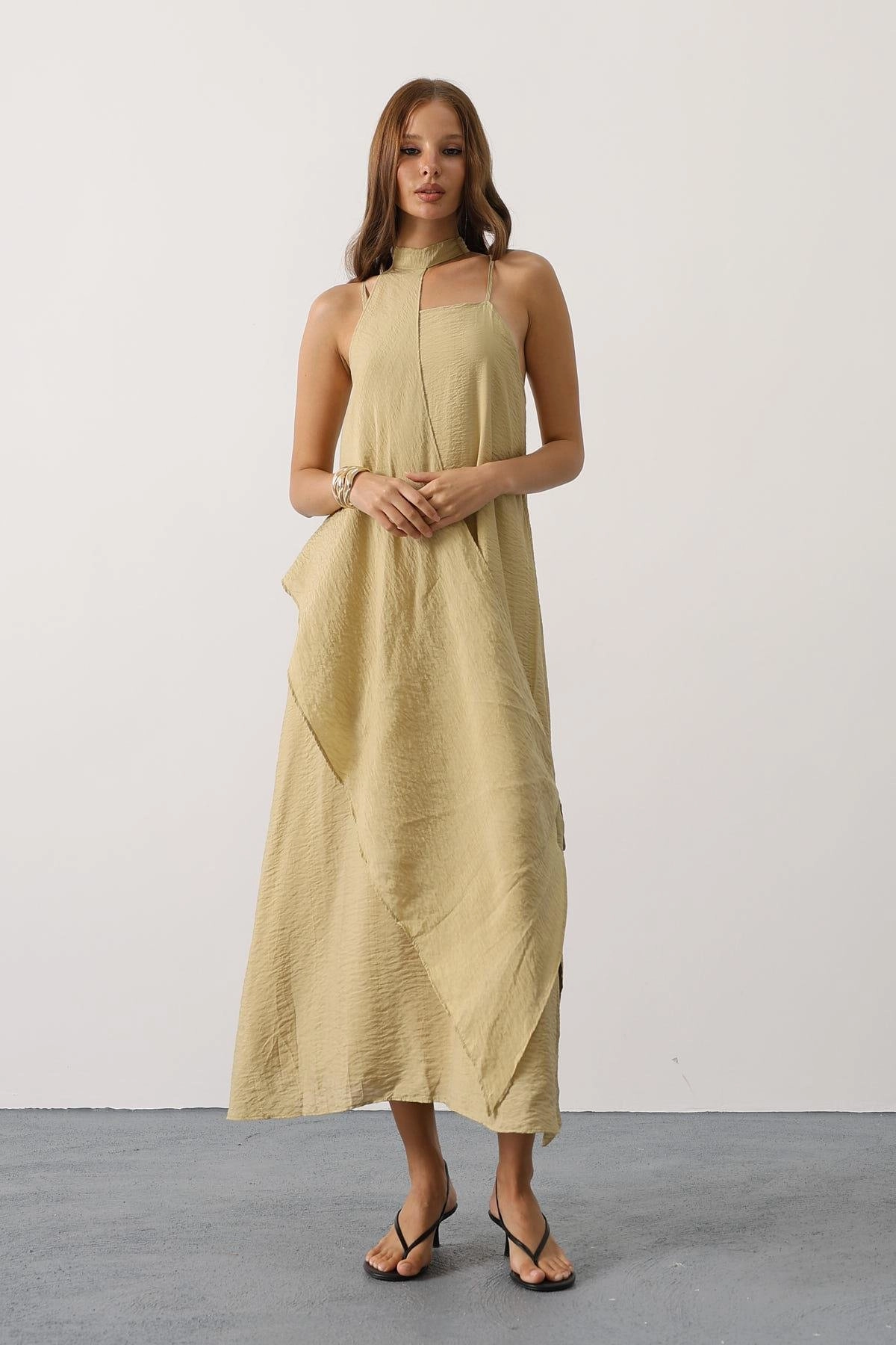Sage Green Linen Halter Dress Maxi Boho Summer Casual Backless Tie Neck Bohemian Women Sustainable Fashion